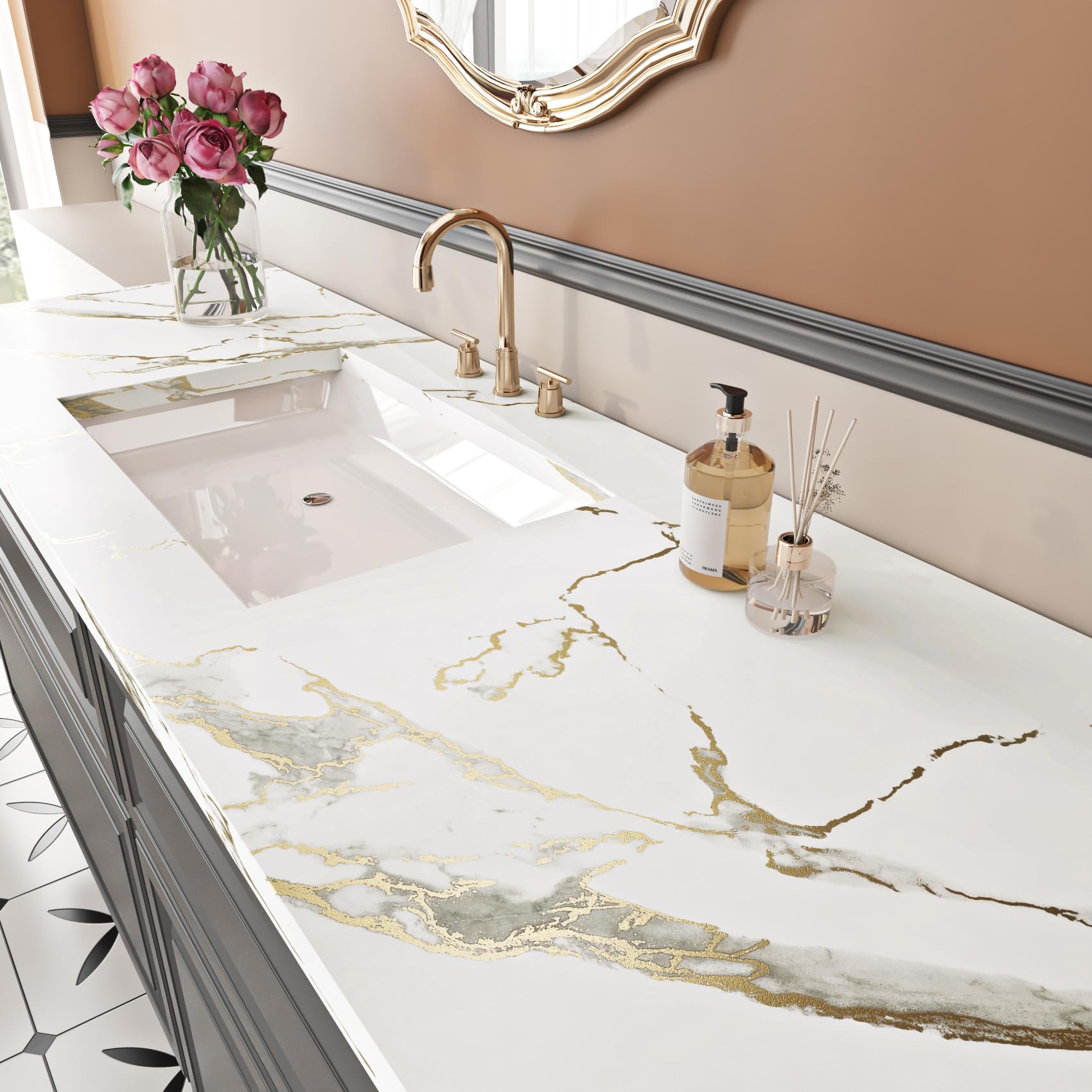 YENHOME Vinilo Adhesivo Muebles Blanco Marmol Dorado 90x300cm Vinilo Adhesivo Decorativo Efecto Mármol Dorado para Baño Salon Cocina PVC Papel Pintado Marmoleado Autoadhesivo para Armario Puerta Mesa