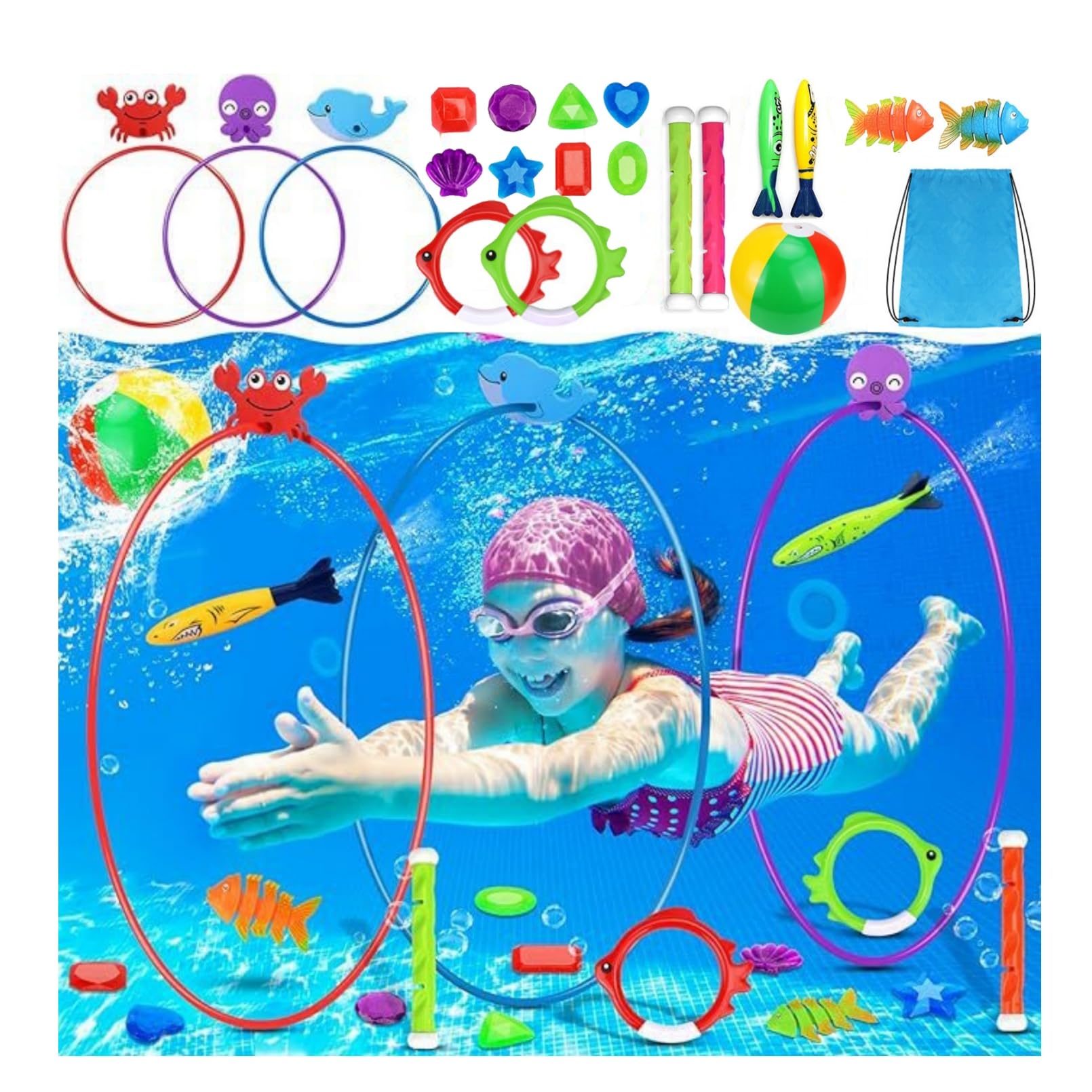 AM ANNA Pool Rings Diving Toys, 21 pcs Swimming Thru Pool Diving Game Toys,Pool for Kids Ages 4-8-12,with Diving Rings, Gems, Dive Sticks,Swimming Torpedo,Including Storage Bags, Etc. (21 PCS)
