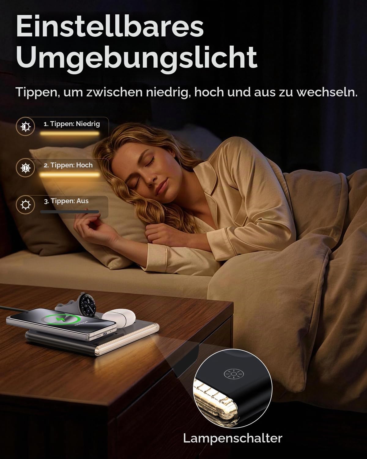 Nur für Google Pixel Watch 4 induktive ladestation mit Nachtlicht | 4-in-1 Handyladestationen kompatibel mit Google Pixel 10 Pro Fold, 10 Pro XL, 10 Pro/10/9/8/7 und Buds Pro 2/Pro Kopfhörern