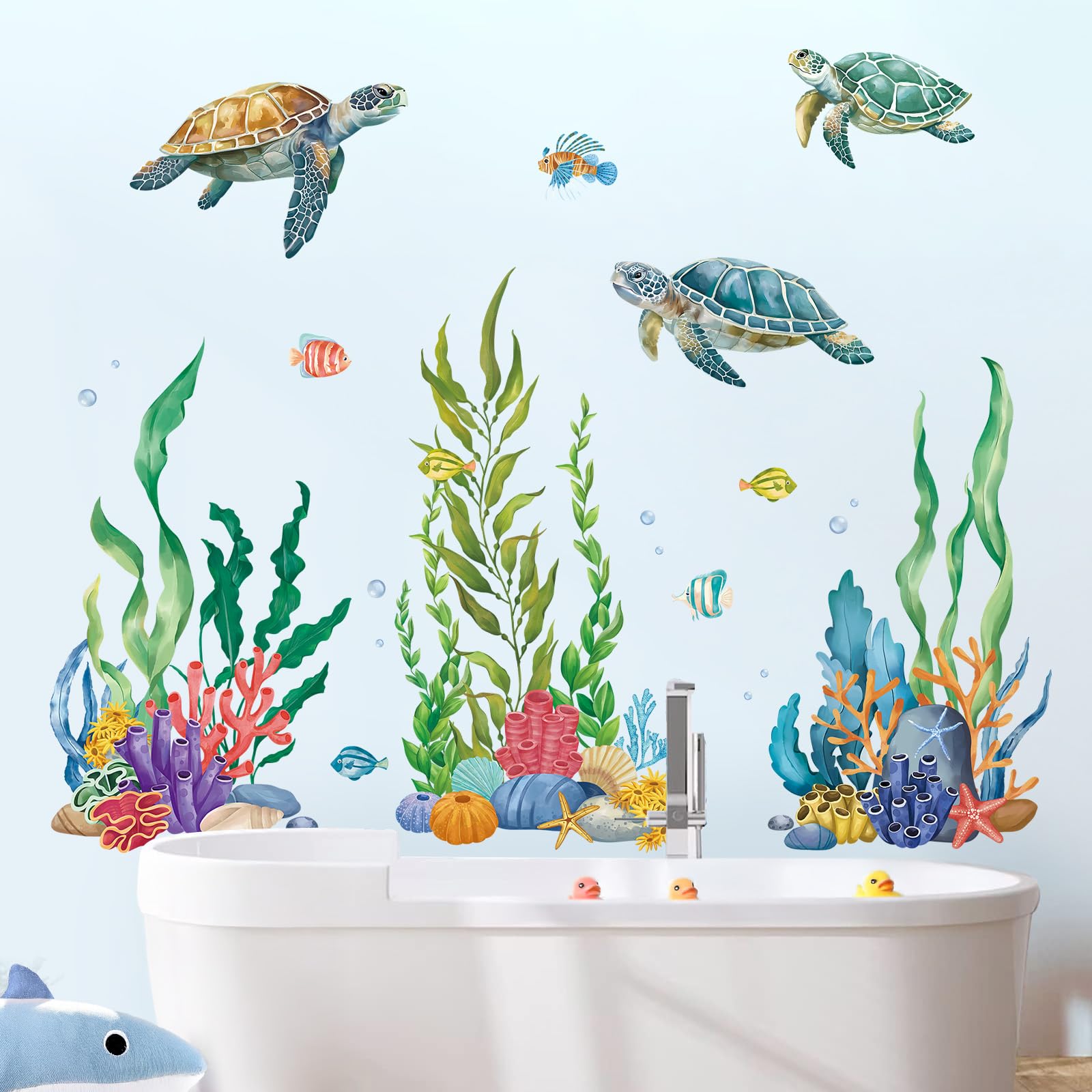 SHUCHING Pegatinas de Pared Tortuga Marina, Vinilo Adhesivo Pared Algas del Océano para Niños, Vinilos Decorativos para Dormitorio Infantil Baño