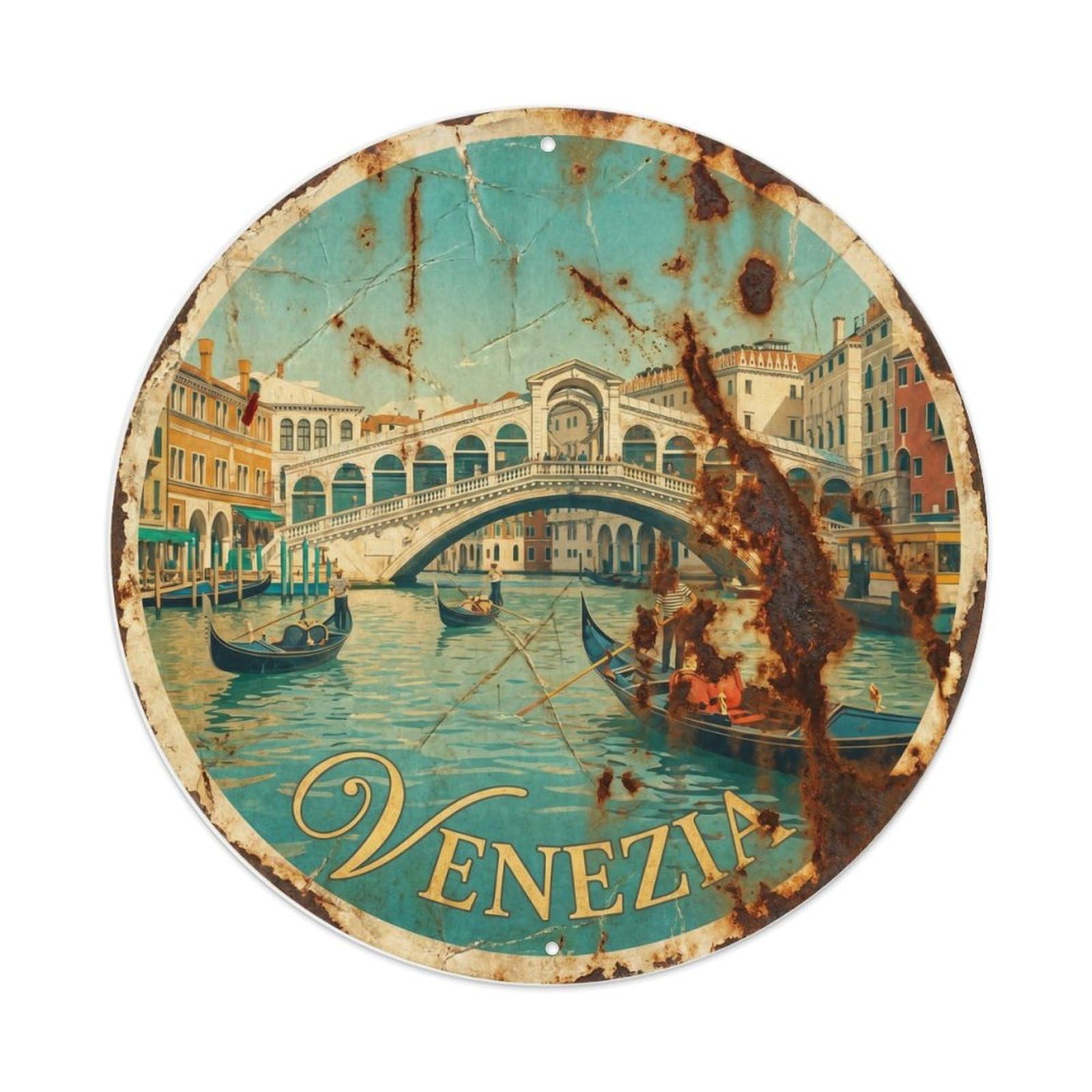 Vintage Travel Venetian Gondola Europe 3 Metal Tin Sign Plaque Wall Decor for Cafe, Club Bar, Office, Home Garden Round Metal Poster 8x8Inch