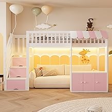 Idemon Cama alta de madera, 90 x 200 cm, con armario de almacenamiento, escalera de almacenamiento, diseño de aleros, somier, cama individual, sin colchón (rosa)