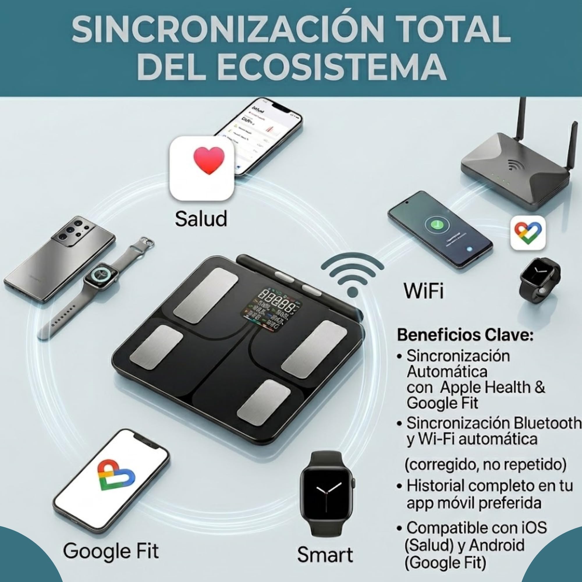 Báscula bioimpedancia Inteligente bluetooth, Análisis Corporal Completo +27 mediciones,%grasa corporal, músculo, 8 Electrodos de Alta Precisión, 180 kg