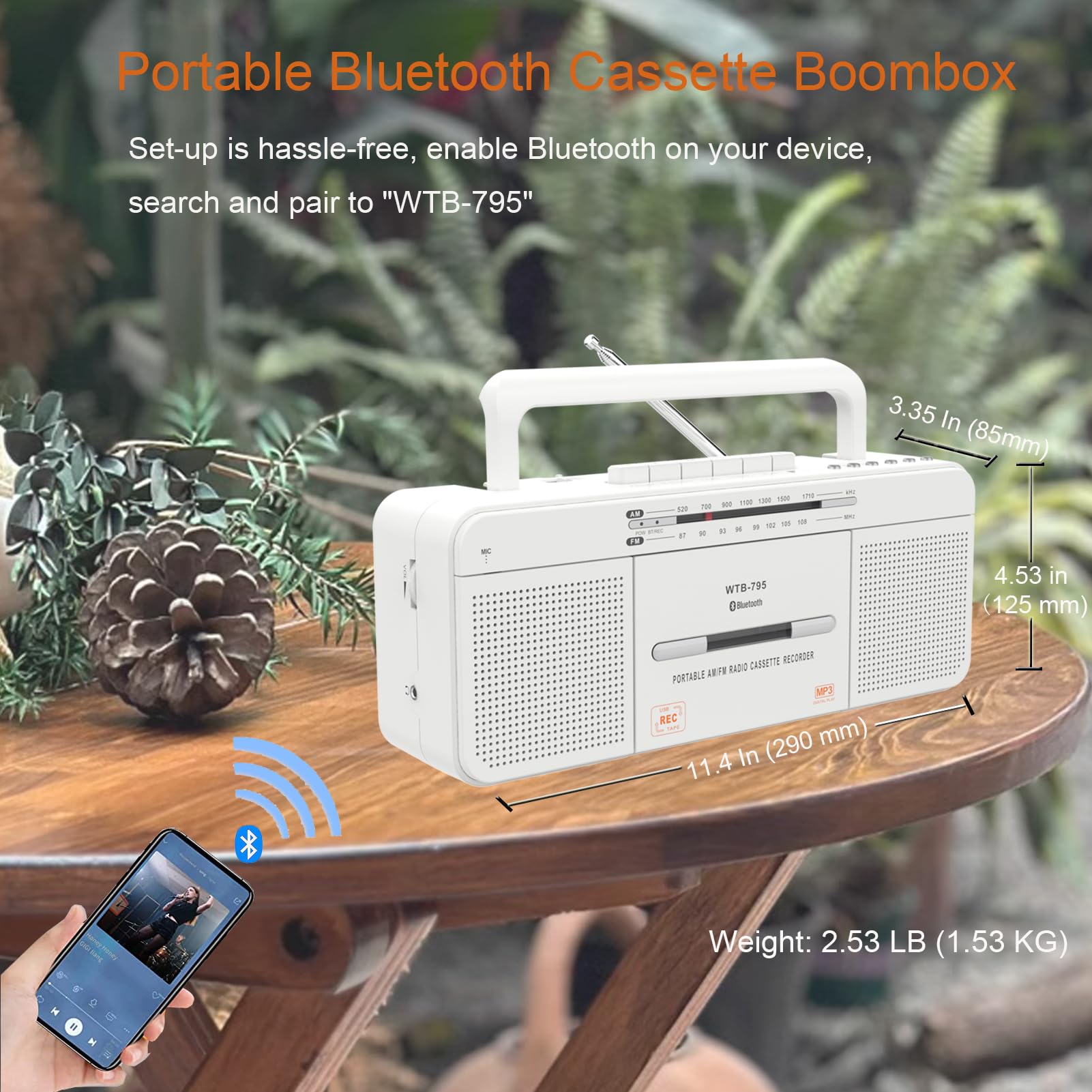 Lettore di cassette audio portatile con Bluetooth, USB e radio stereo AM/FM, microfono integrato per registrazione USB Conversione MP3, doppi altoparlanti, uso interno o esterno