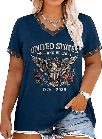 Plus Size 250 Anniversary USA Shirt 4th of July Outfits for Women America 250 Patriotic Eagle Graphic Tee V Neck Top