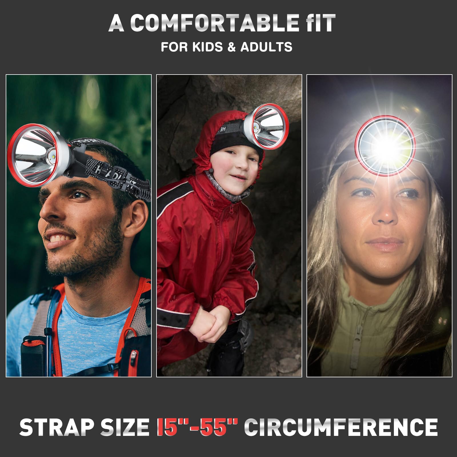 Aikertec Wiederaufladbare Stirnlampe, 2 Stück, 180000 Lumen, superhelle Stirnlampe, 80H Stirnlampe batteriebetrieben, 120° verstellbar, IP67 wasserdicht, LED-Stirnlampe für Outdoor, Camping, Angeln