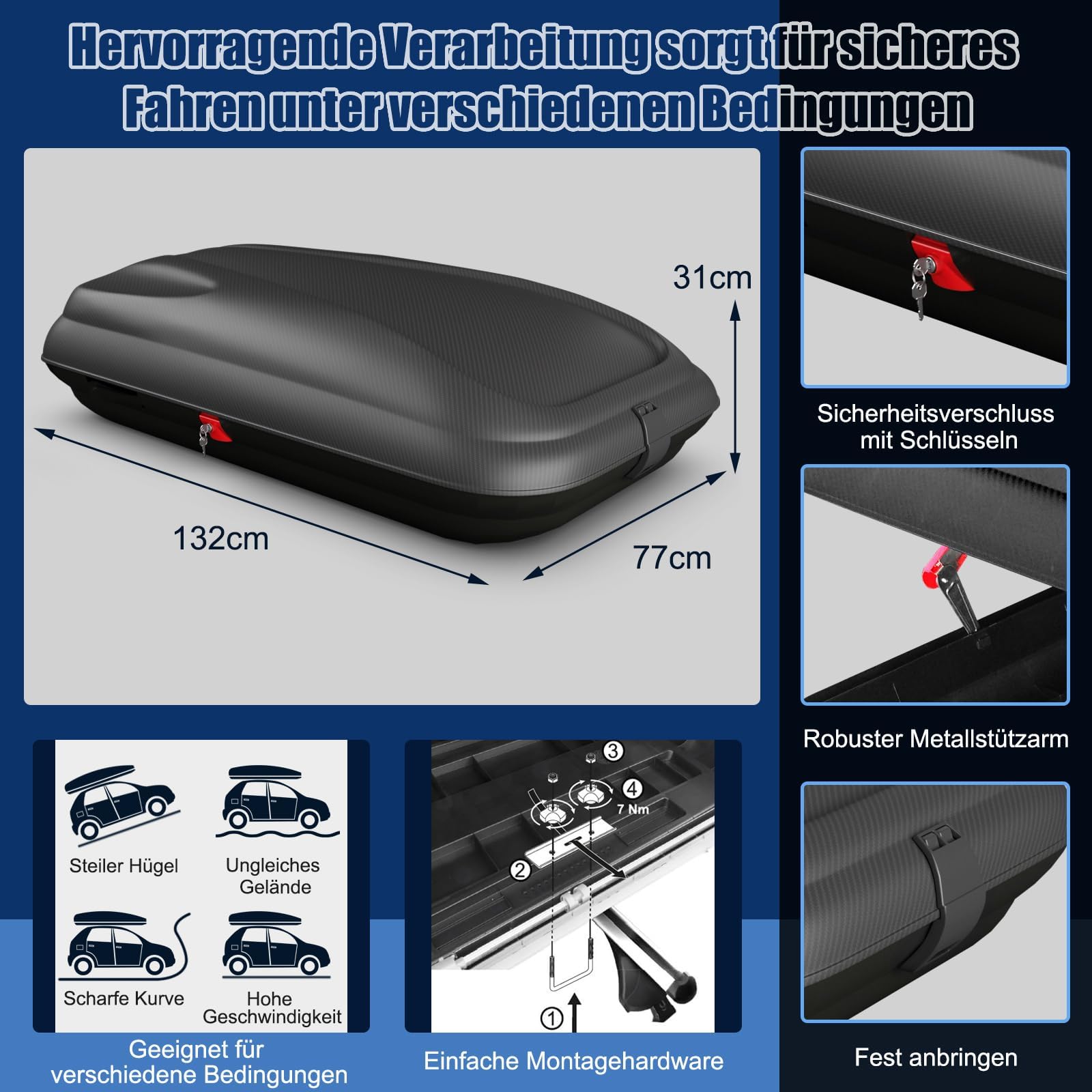 COSTWAY 250L Dachbox Auto, Dachkoffer abschließbar mit Zentralverriegelung, Schlüsseln & Gurten, Gepäckbox wasserdicht, Dachgepäckträger XXL für Autos, Vans, SUVs, Schwarz