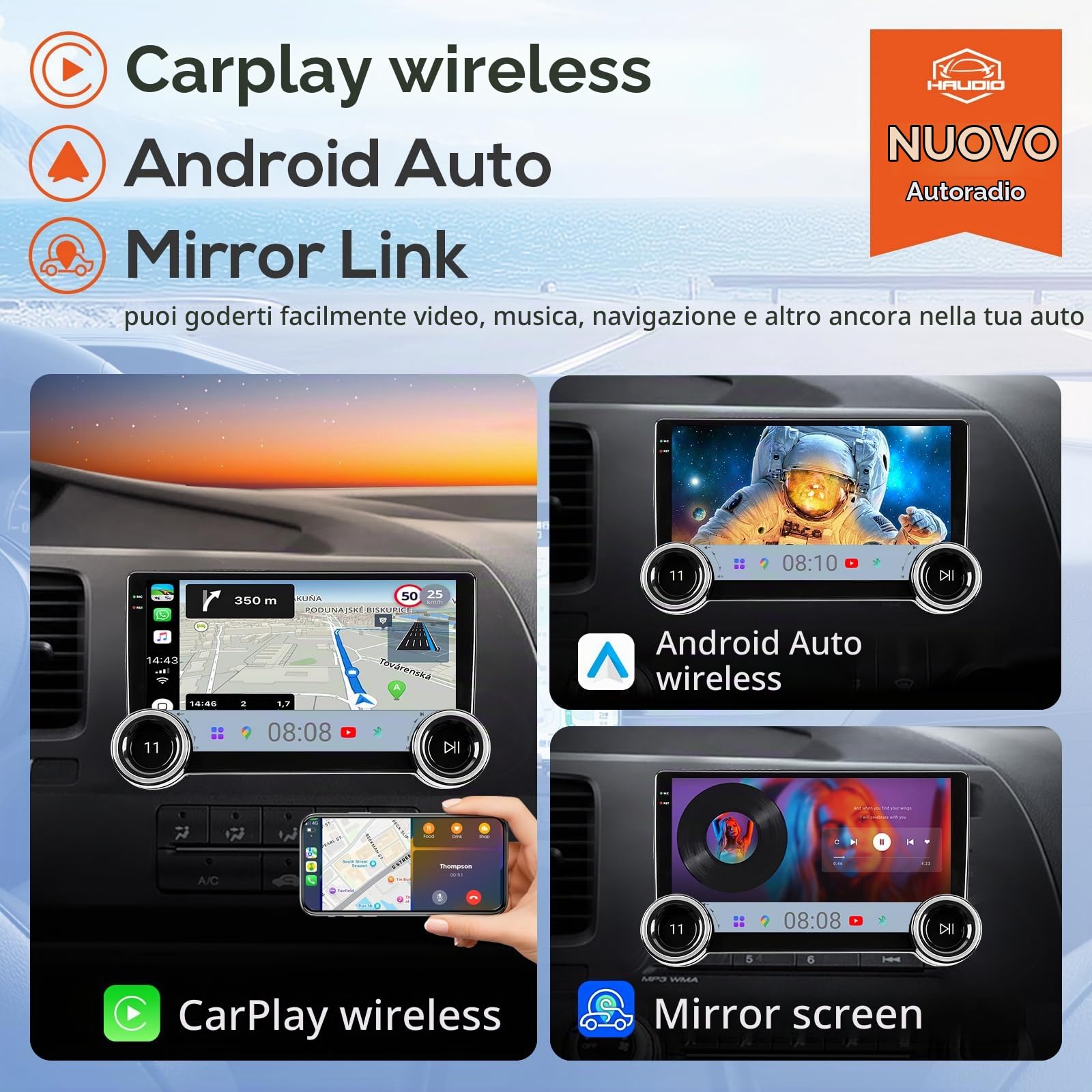 Haudio Autoradio 10.1 Pollici 2 DIN con Wireless Apple CarPlay & Android Auto, Telecamera Di retromarcia HD, Mirroring dello Schermo, Bluetooth, WiFi, Assistente Vocale, Radio AM/FM/RDS 2G+64GB