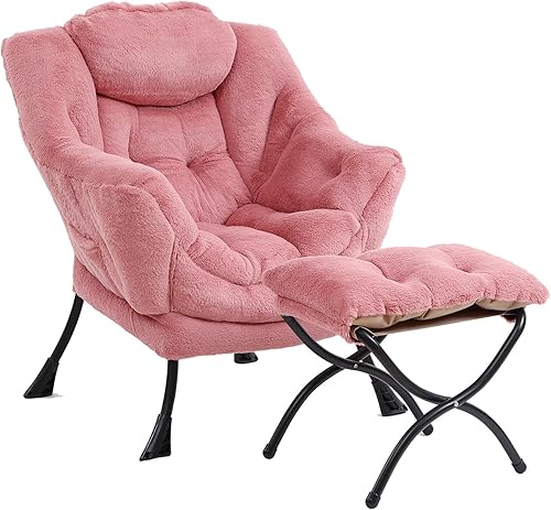 Silla Lazy con otomana, silla moderna con reposapiés plegable, silla de acento de salón, cómoda silla de lectura (rosa oscuro de felpa)