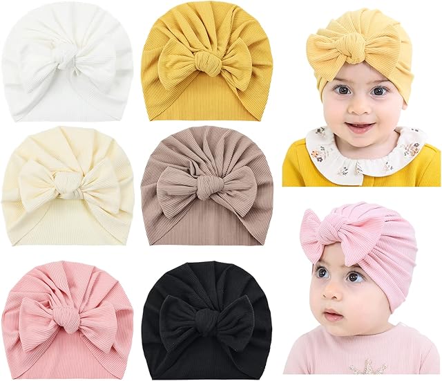 Cinaci 6 Pack Soft Stretchy Turban Hats with Knotted Big Bow Caps Beanies Bonnets Headwraps Hair Accessories for Baby Girls Infants Toddlers Kids