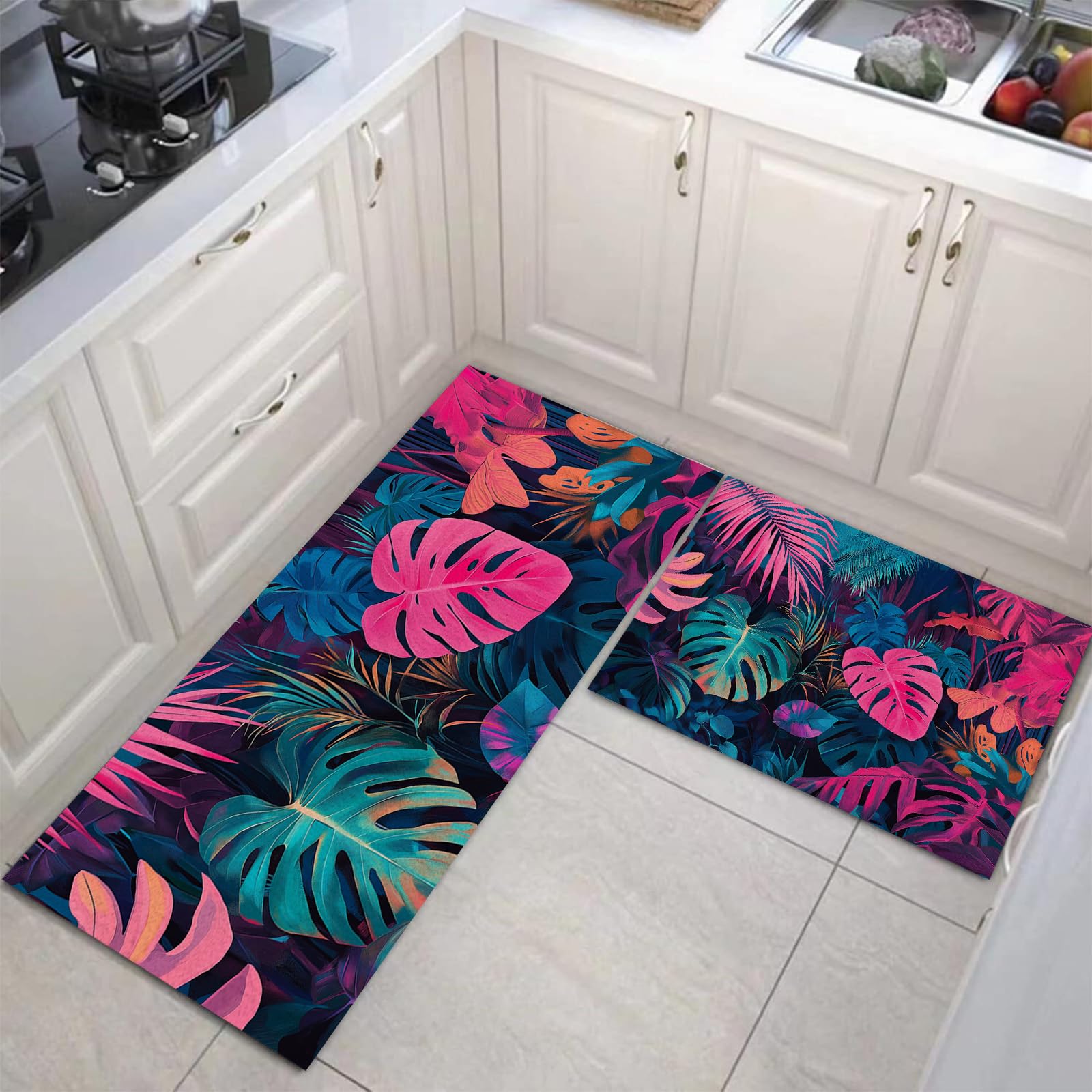Alfombras de cocina de hojas tropicales y antideslizantes juego de 2 piezas lavables para el hogar