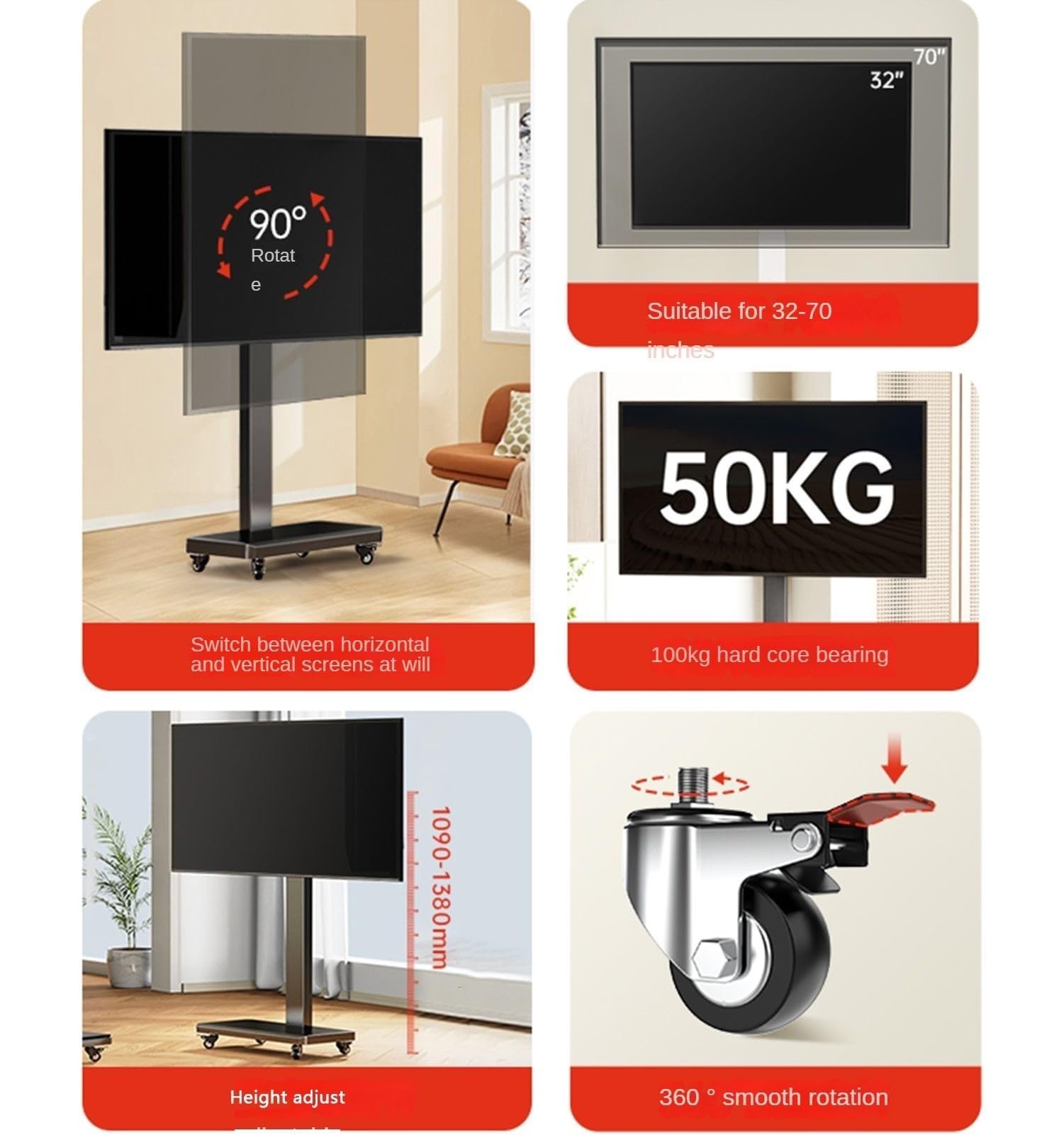Carrello TV mobile su ruote - Supporto TV portatile da pavimento, adatto per schermi piatti LED da 26-70 pollici/32-70 pollici, supporto TV mobile da pavimento con,Black-32-70in TV