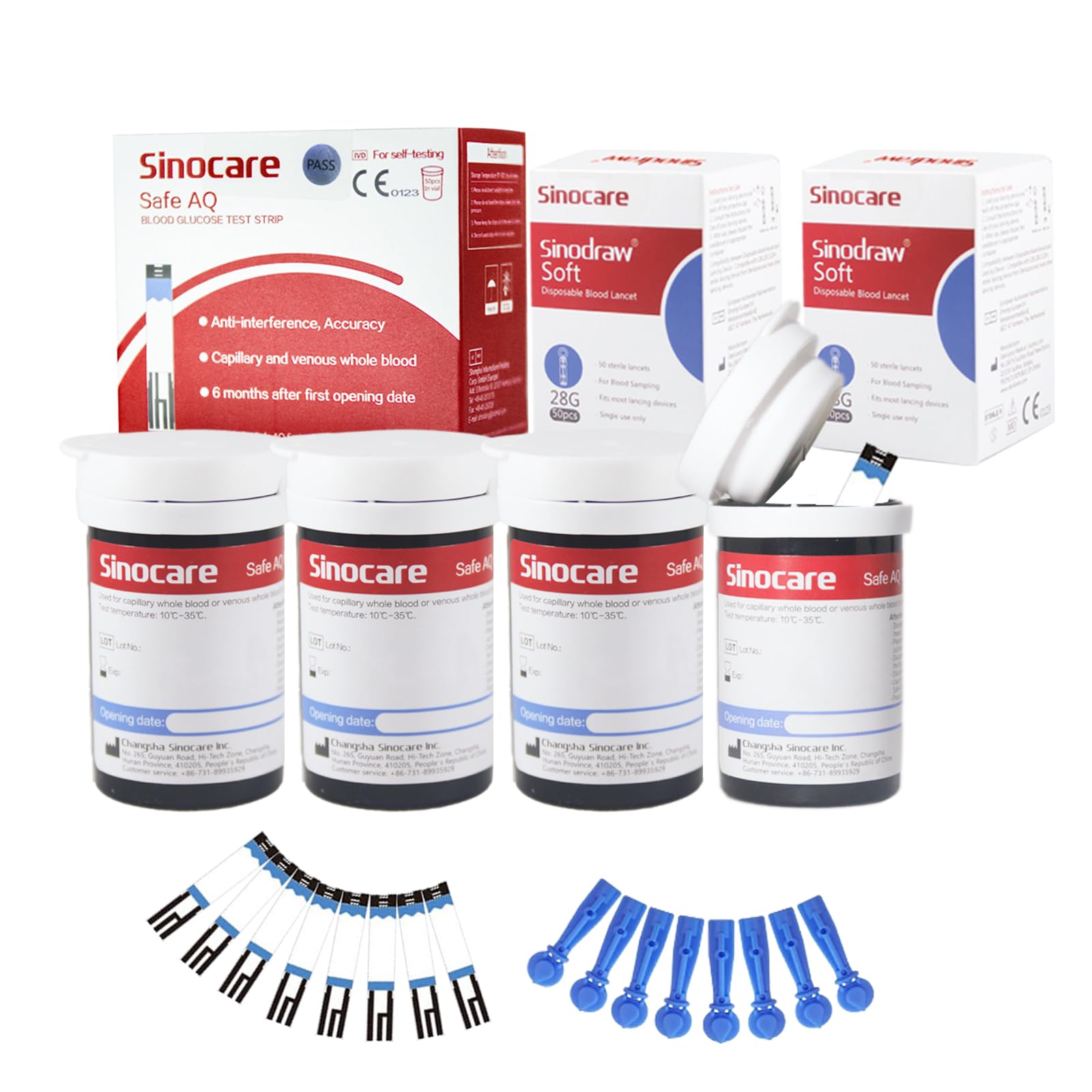 Blood Glucose Test Strips x100 and Lancing Device x100 Only for Sinocare Safe AQ Smart Glucometer or Safe AQ Voice Glucometer, Blood Glucose Monitor Accessories Diabetes Test Kit Replacement
