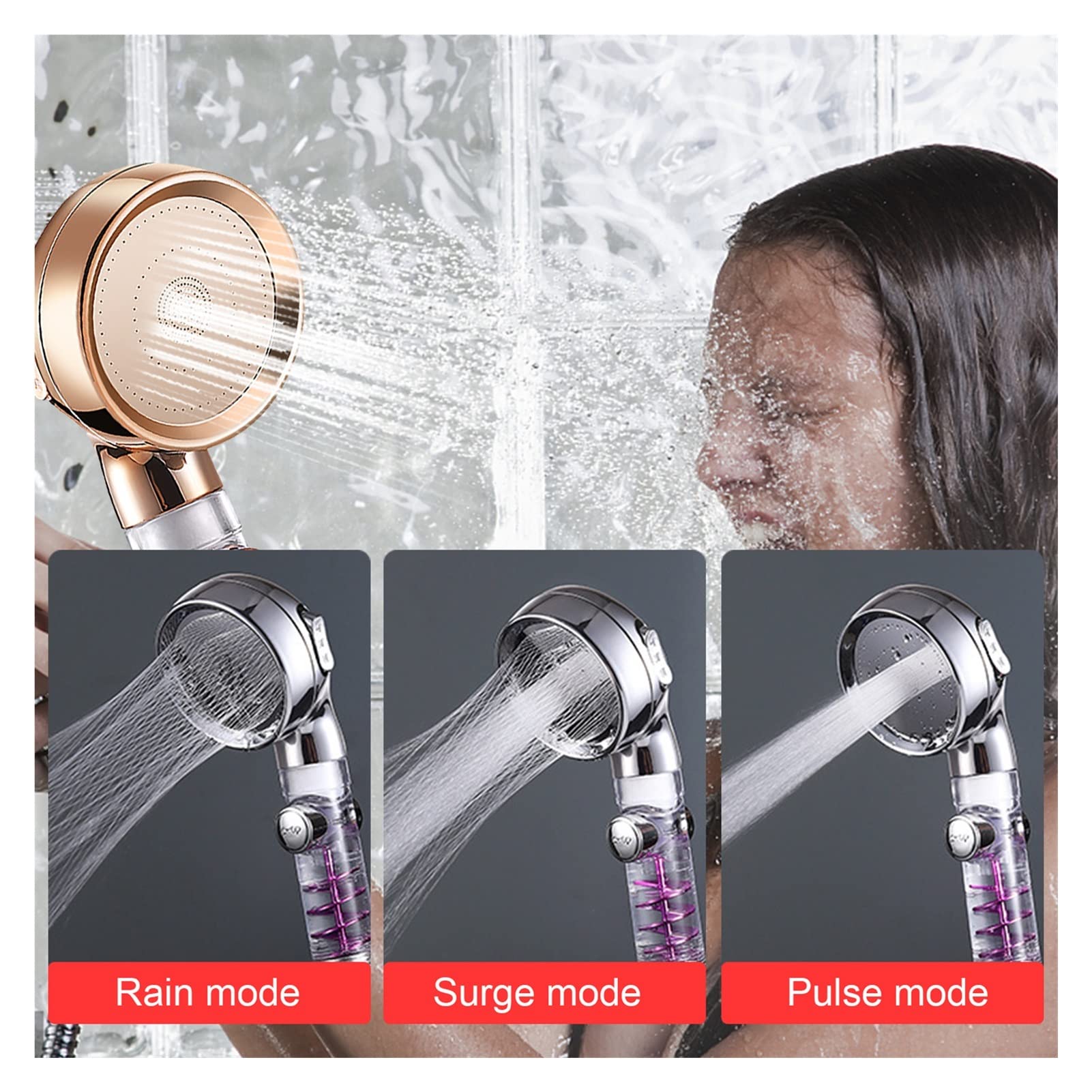 Cabezales de Ducha de Alta presión 3 Modos de Mano Turbo Ventilador rociador Cabezal de Ducha Boquilla Ducha de Ahorro de Agua con Filtro Acceso al baño Cabezales de Ducha (Color: Todo Plateado)