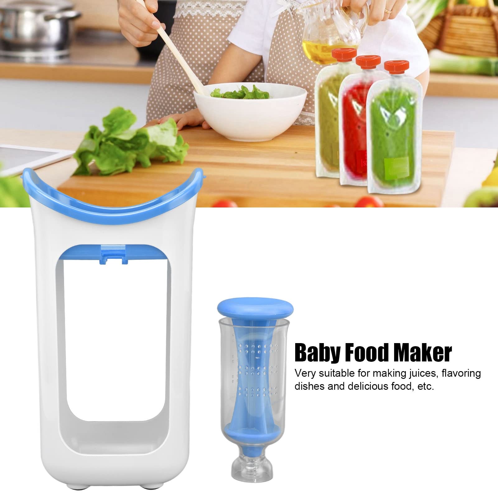 Homemade Infant Infants Fruit Food Maker with Storage Bags, Squeeze Station, Reusable Infants Food Pouches, Infants Puree Maker Dishwasher Safe and bpas Free(Blue)