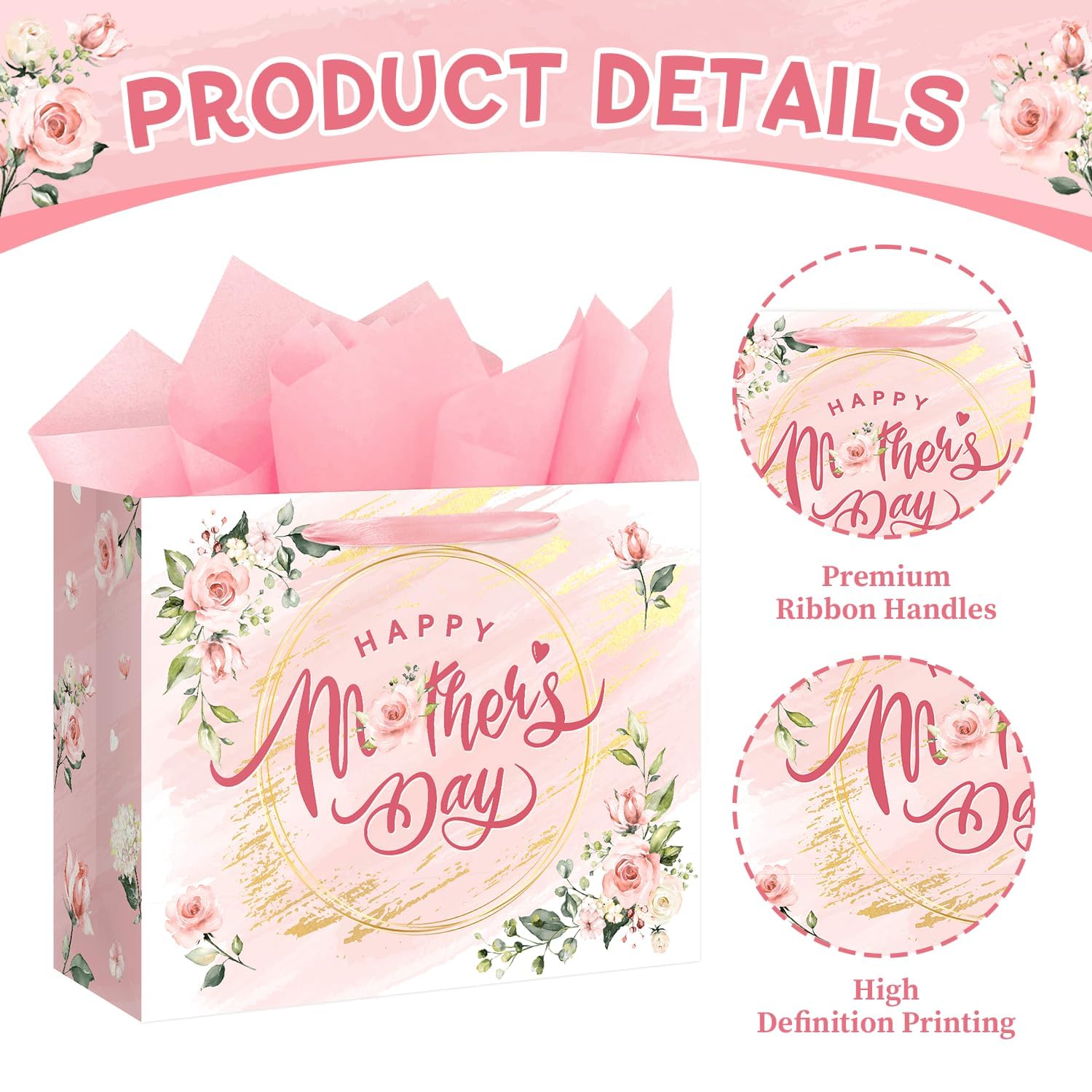 Aysimple Happy Mother's Day Large Gift Bag Set with Greeting Card and Pink Tissue Paper 13" Love Mother Present Bag Pastel Flower Paper Gift Bags with Handles for Happy Mom's Day Party Decorations