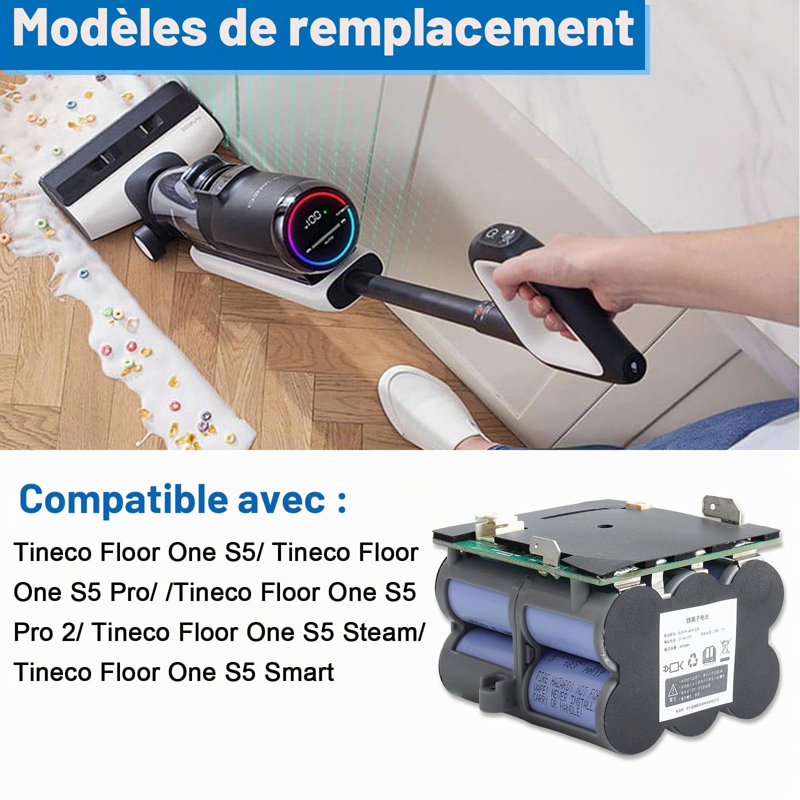 Batterie de Rechange 21,6 V/4000 mAh Compatible avec Les aspirateurs à Main sans Fil Tineco Floor One S5/S5 Pro 2/S5 Pro/Floor One S5 Smart/S5 Steam