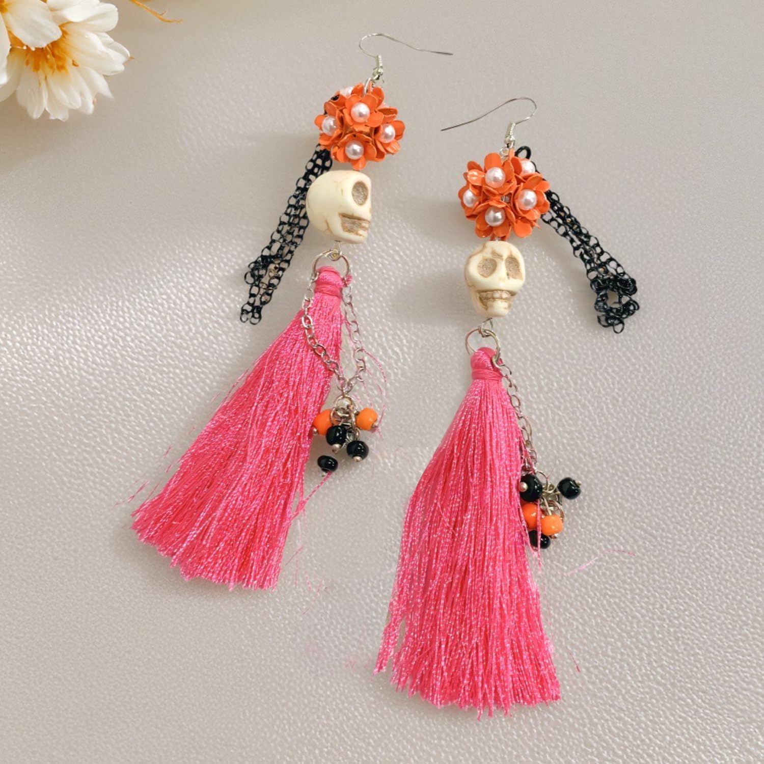 Handmade Unique Tassel Skeleton Flower Dangle Drop Earrings Creative Sparkly Crystal Bead Skull Hook Earrings For women - Image 6