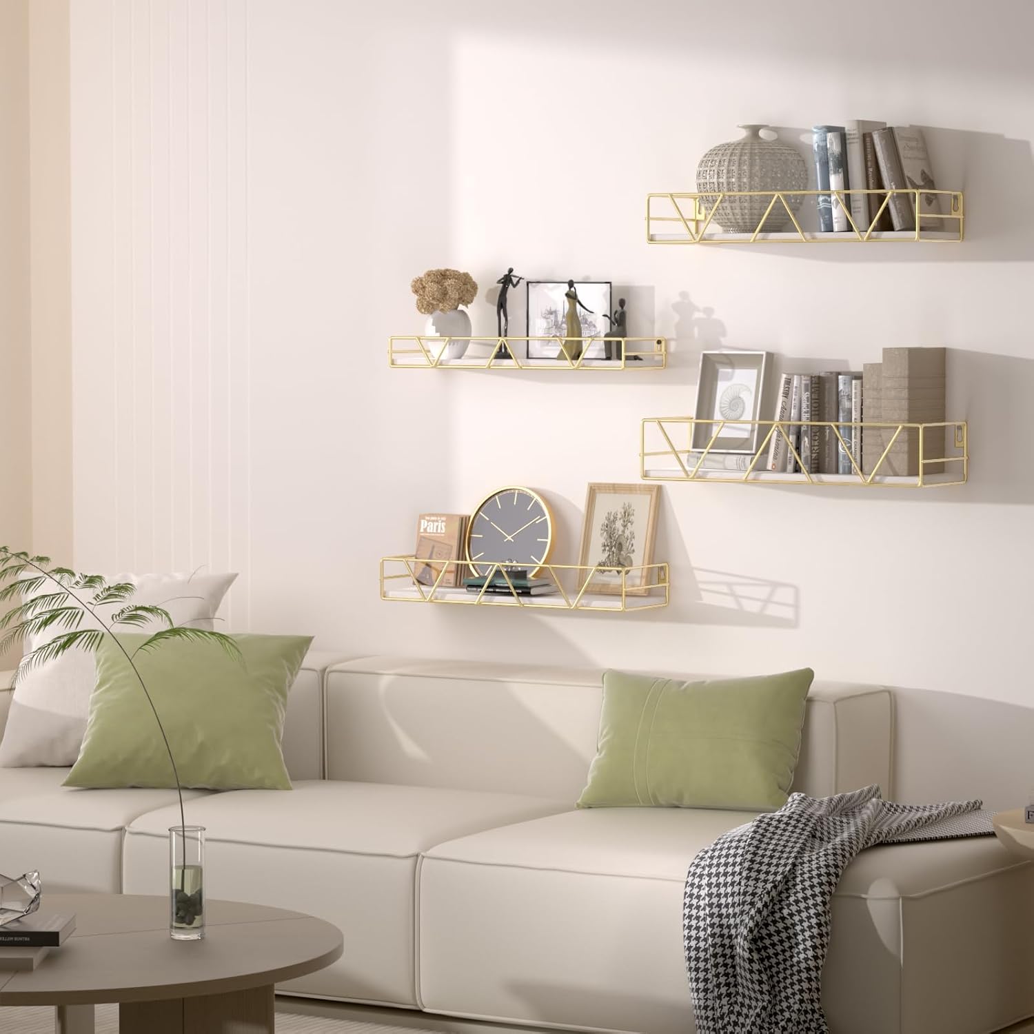 Amaoot Floating Shelves Set of 3, Home Wood Wall Shelf, Farmhouse Shelf for Bedroom, Wall Mounted Floating Shelf for Living Room, Bedroom, Bathroom, Kitchen, Office (Gold-4pcs)