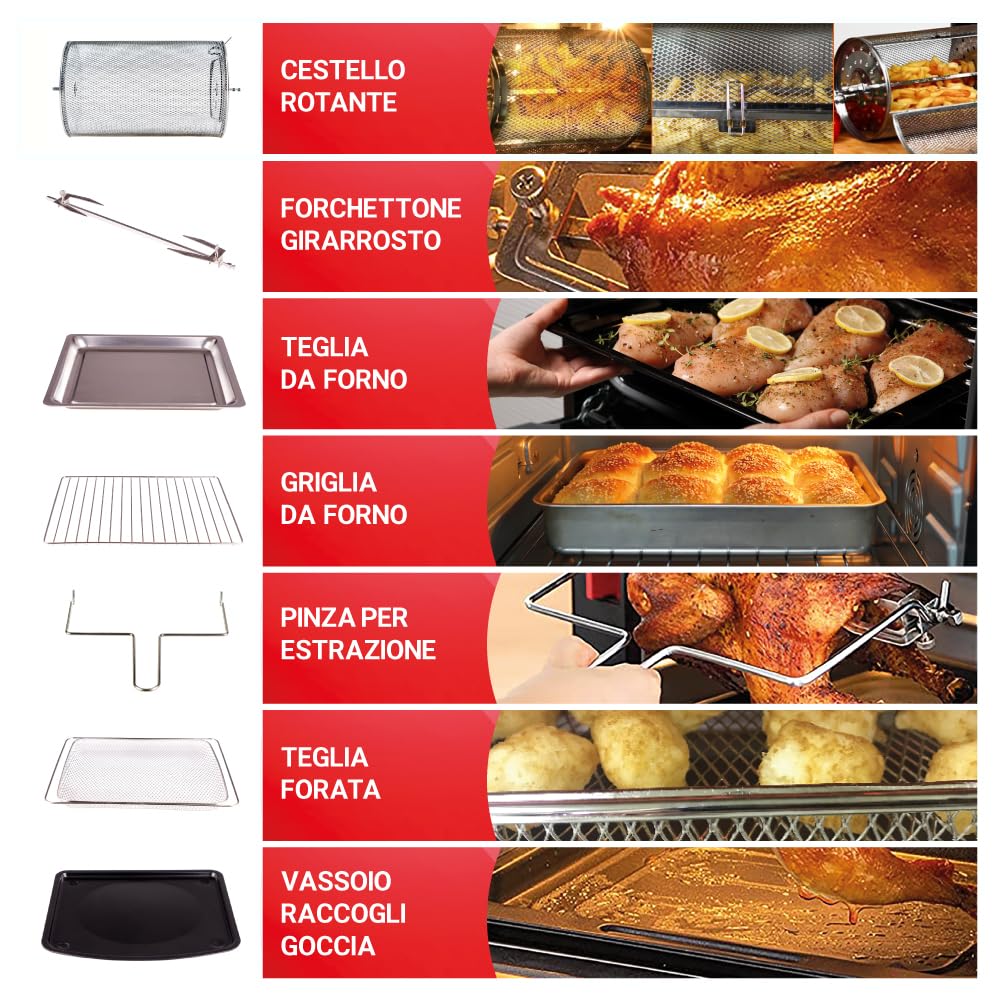 Forno Friggitrice Ad Aria Calda XXL Da 30 Litri Con Display Digitale Multifunzione, Sistema A Riscaldamento Rapido, 18 Programmi Di Cottura, Timer e Temperatura Regolabili 1800 W