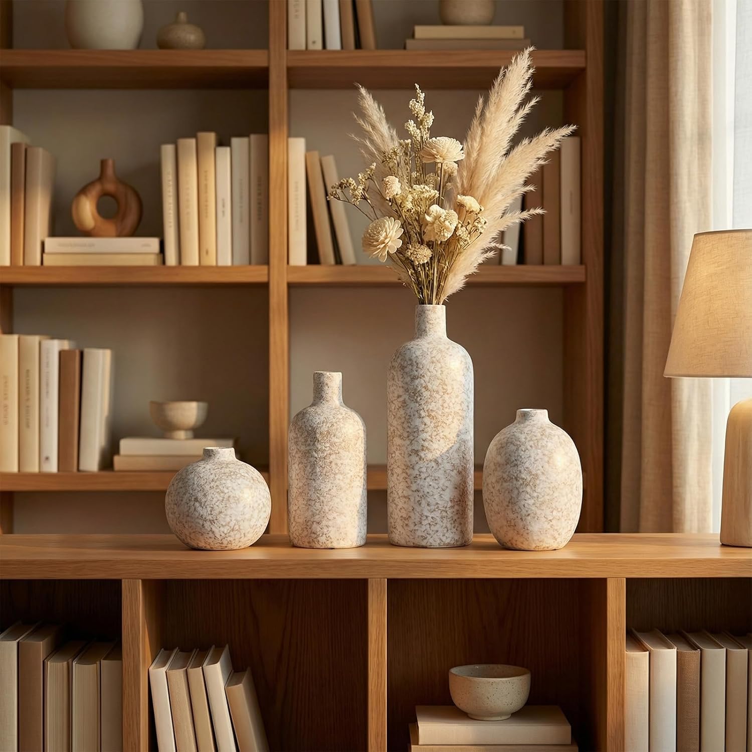 Modern Ceramic Vase Set of 4, Neutral Rustic Farmhouse Vase for Home Shelf Decor, Boho Decorative Flower Vase for Table Mantel Entryway Living Room Kitchen Bathroom