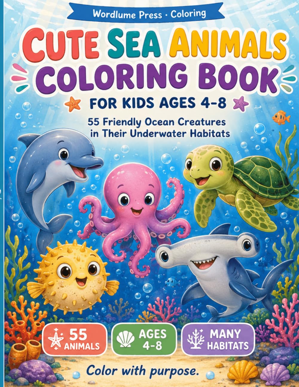 Cute Sea Animals Coloring Book for Kids Ages 4-8: 55 Friendly Ocean Creatures in Their Underwater Habitats — Sharks, Whales, Turtles, Octopuses, Dolphins, and More