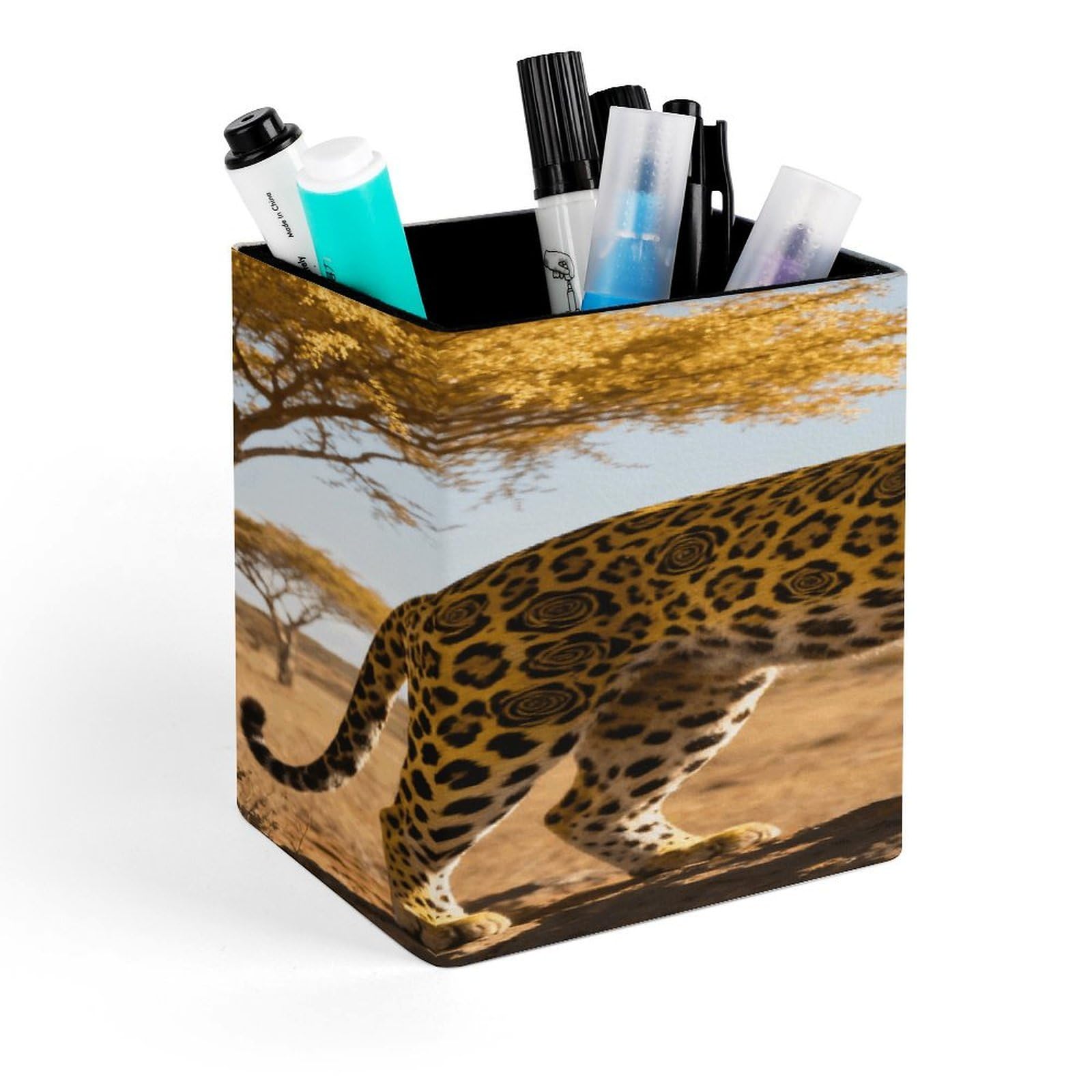 LZQPOEAS Leopard Square Pen Pencil Holder PU Leather Pencil Cup Desktop Stationery Organizer Office Accessories Container