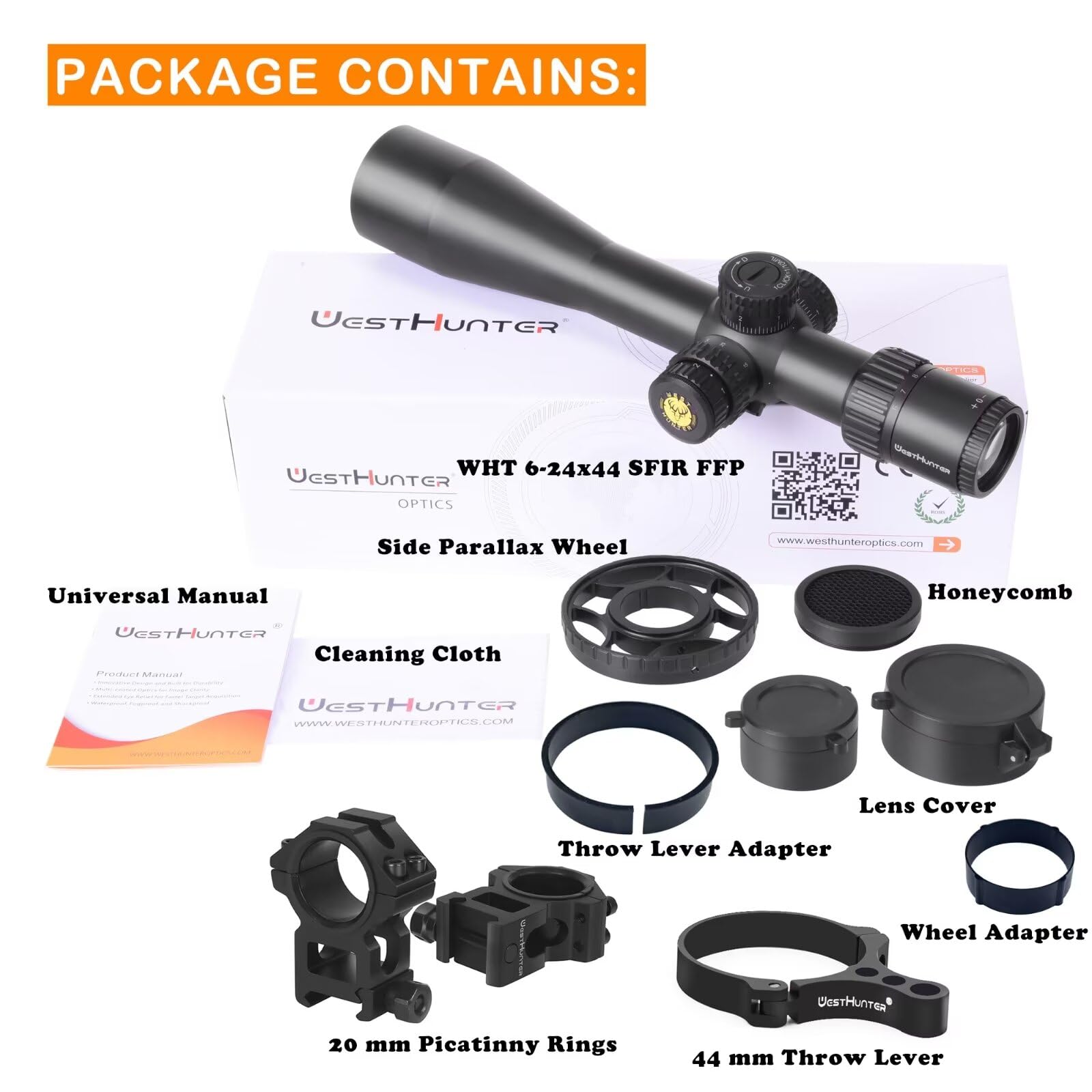 WestHunter Optics Wht 6-24x44 SFIR FFP Precisión Miras Telescópicas, Exclusivo para Competiciones Deportivas de Larga Distancia | Picatinny Shooting Kit B