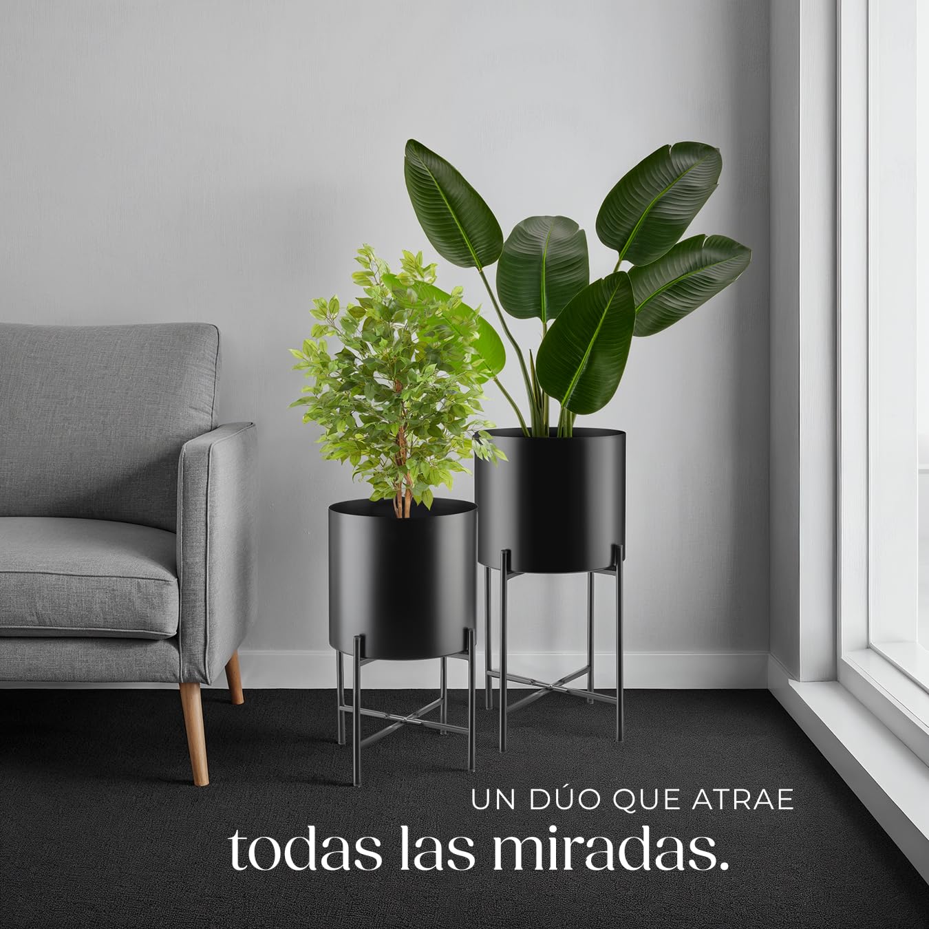 tectake® Maceteros Decorativos Interior, Maceteros Grandes Exterior, Decoracion Hogar, Macetero Alto, Soporte Plantas Interior, Acero con Revestimiento en Polvo - Set de 2 Negro