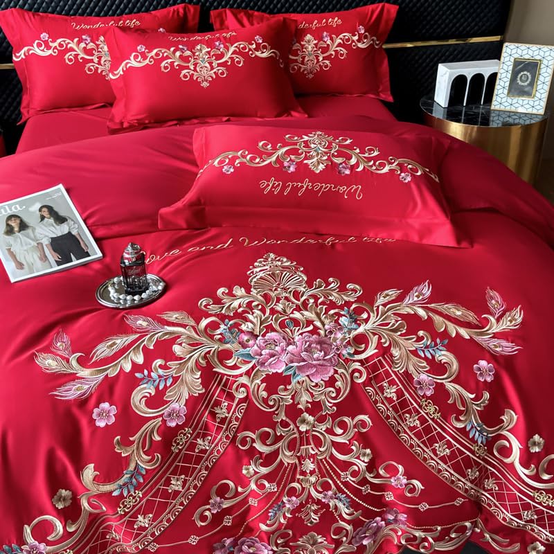 Image of JJ's Imported Skin Friendly Pure Washed Cotton Heavy & Beautifully Embroidered Wedding Style 5 Pcs King Size Double Bed Luxury Bridal Bedding Set with Heavy Comforter /Quilt (RED 3)