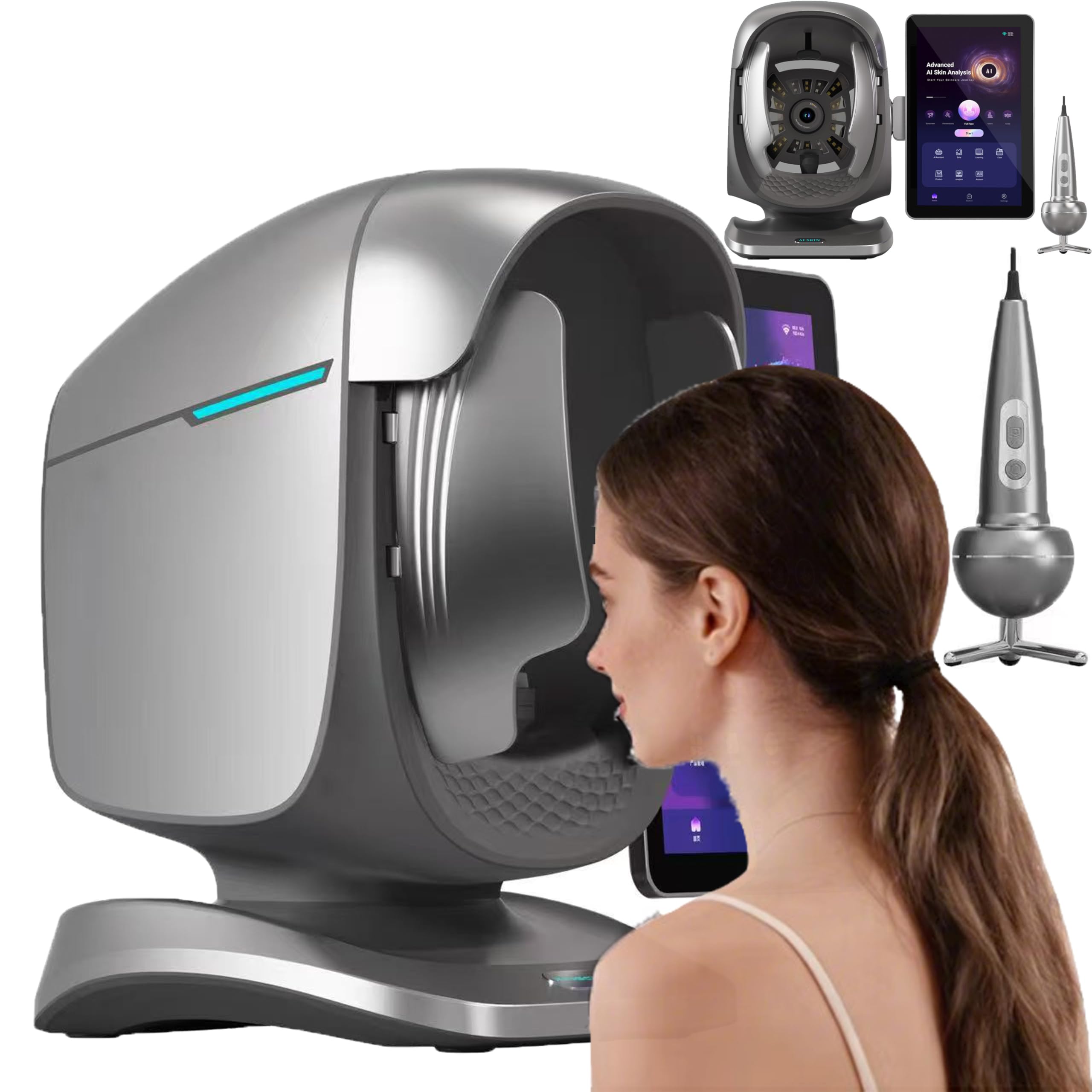 Scanner multispettrale 2 in 1 per Viso e Cuoio capelluto con intelligenza Artificiale, analizzatore cutaneo Professionale con IA - 8 analisi spettrali, per Acne, invecchiamento