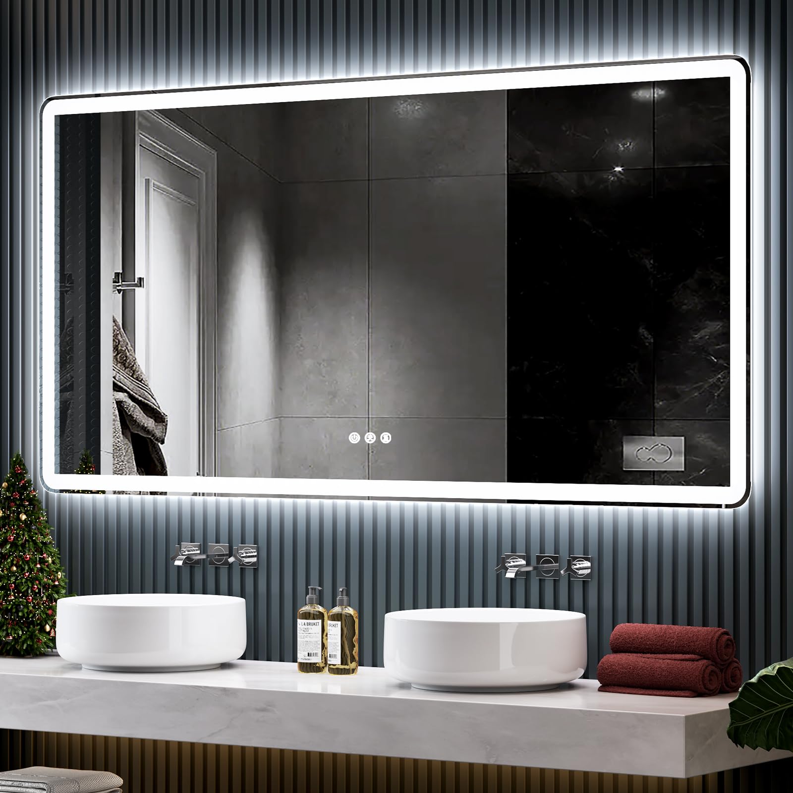 60x36 LED Mirror for Bathroom, Front and Backlit, Rounded Corner Frameless, 3 Colors & Dimmable Lighted Bathroom Mirror, Anti-Fog, Tempered Glass, Plug-in or Hardwired (Horizontal/Vertical)