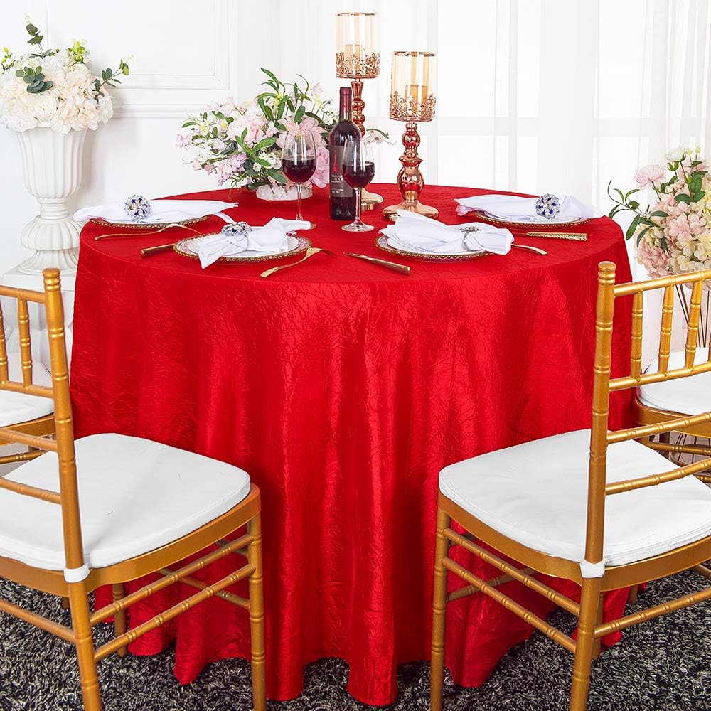 132 inch Round Crinkle Crushed Taffeta Tablecloths, Round Table Cover Linens for Round Banquet Tables - Red