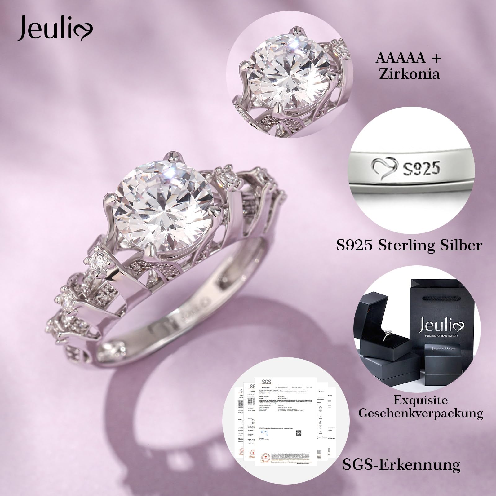 Jeulia Damen Ring aus Sterlingsilber einzigartiger runder Schliff Jubiläums Versprechensbandringe mit seitlichen Steinen für Verlobung Jahrestag Weihnachten
