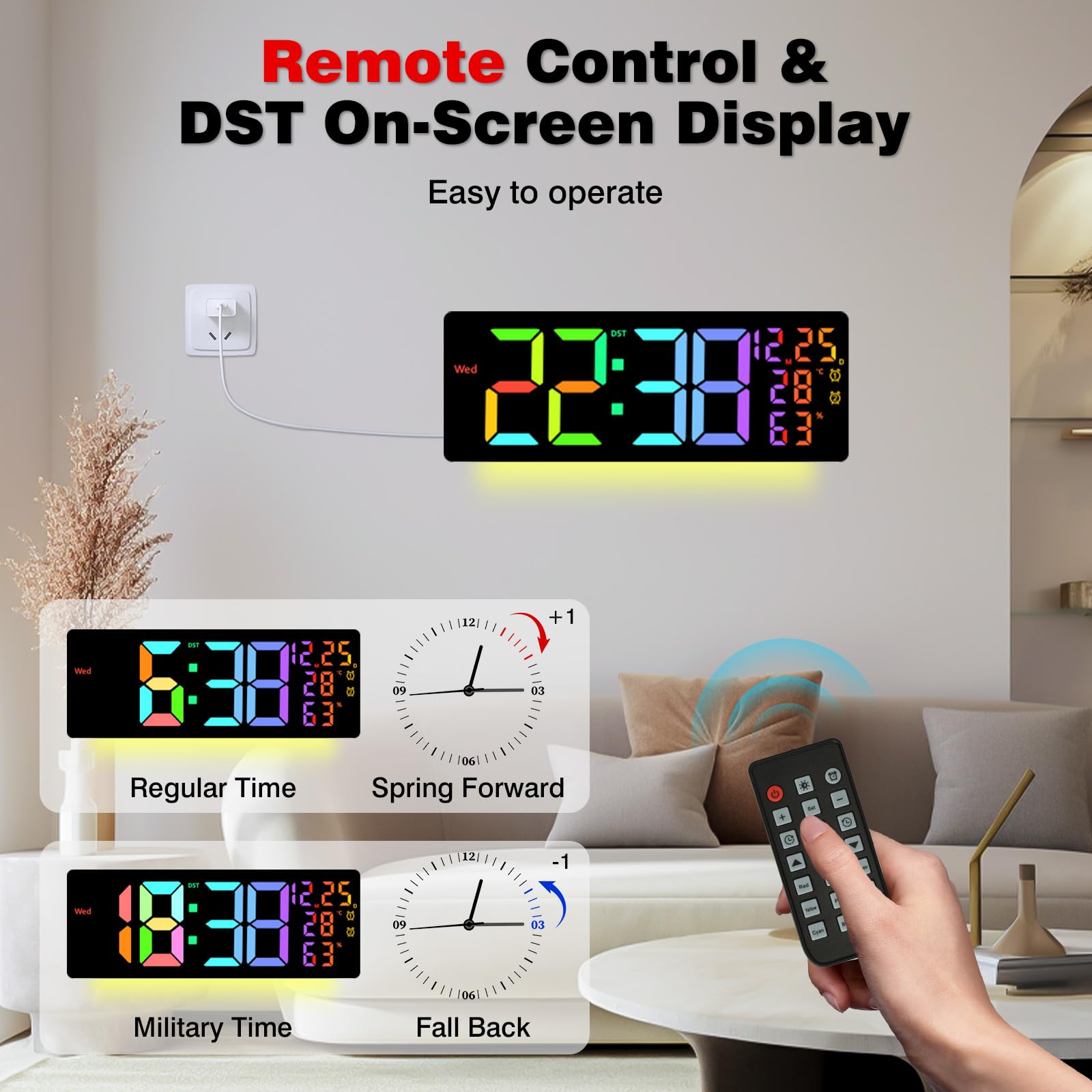 Horloge Murale Numérique LED 16,5'' avec Télécommande, Luminosité Automatique, Heure d'Été, Température, Date, Jour, Double Alarme, 12/24H, Horloge Murale Digitale pour Salon Cuisine Bureau Gymnase