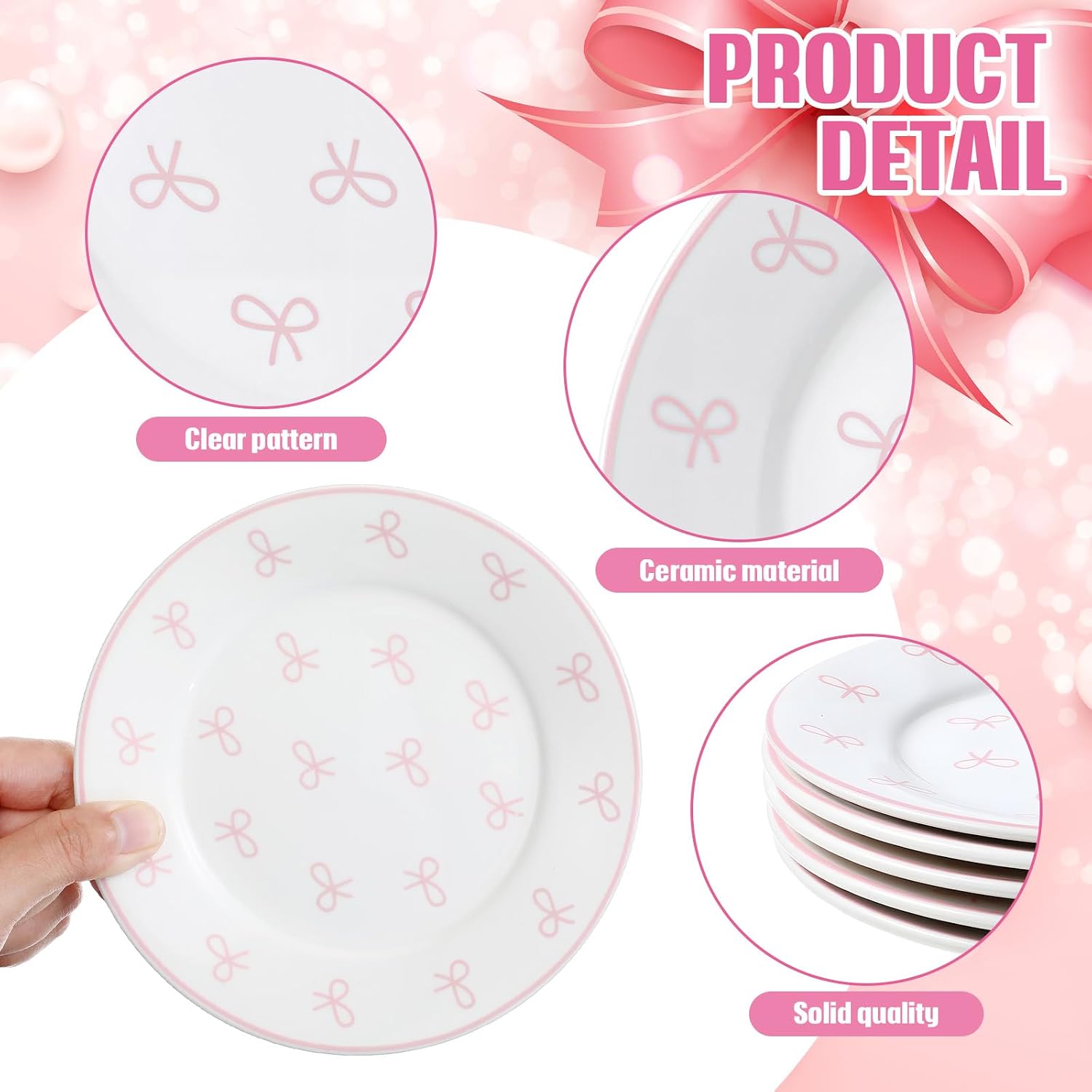 Honeydak 6 Pcs 6 Inch Pink Bow Ceramic Plates Coquette Bachelorette Tableware Decorations Pink Dinner Appetizer Dessert Dishes for Bow Theme Tableware Party Supplies for Birthday Party Table Decor image 3
