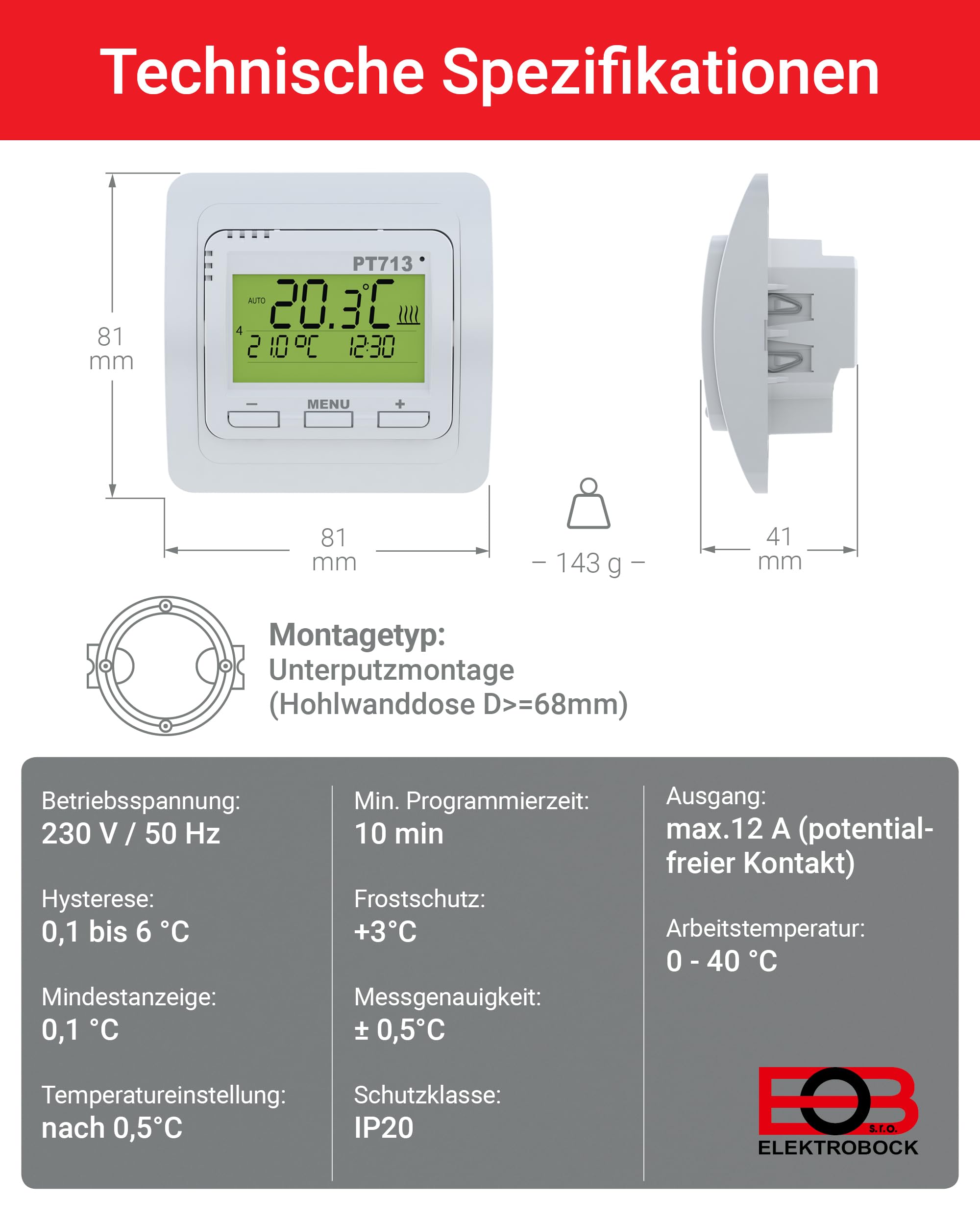 Elektrobock PT713 - Termostato ambiente digitale per riscaldamento a pavimento