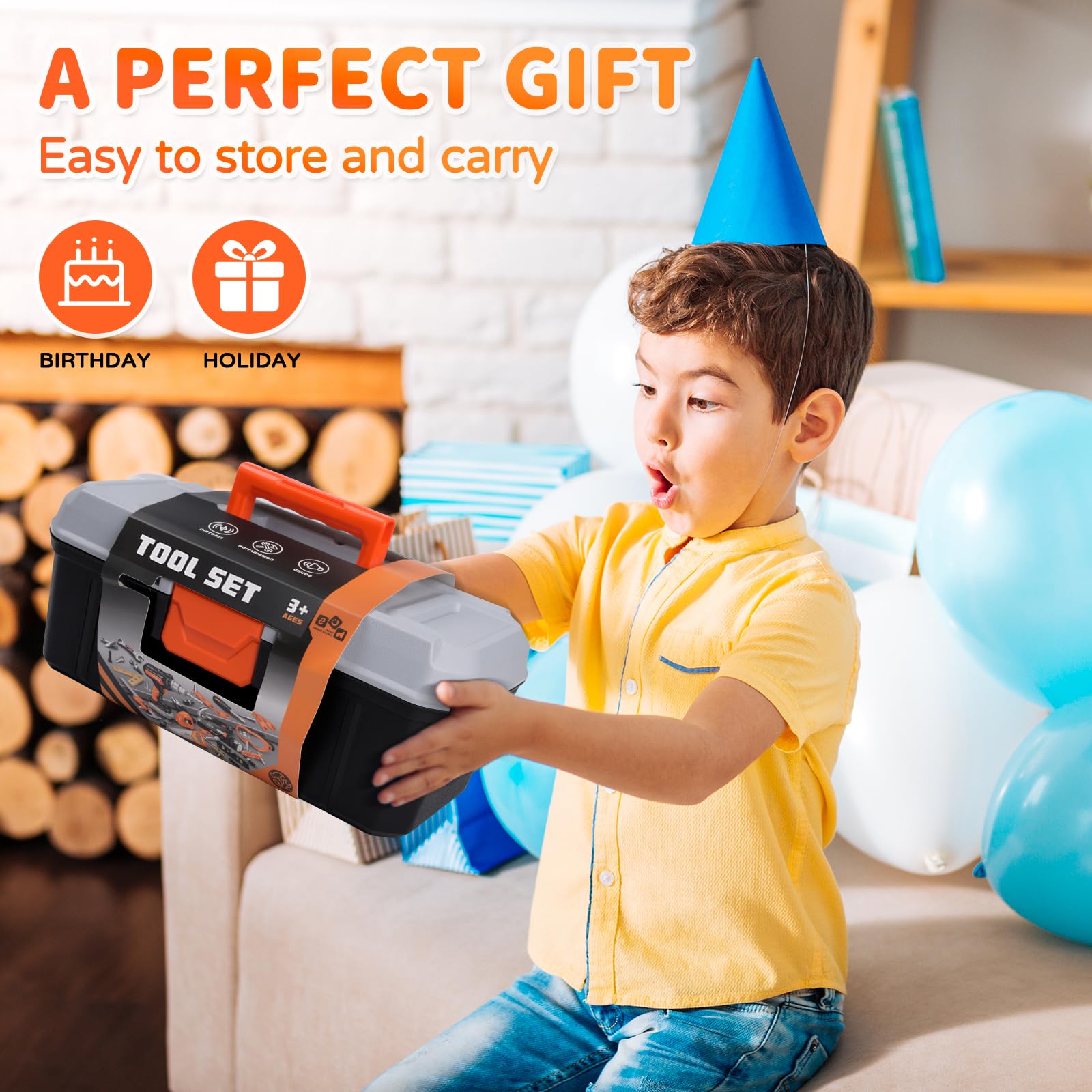 Juego de herramientas para niños y niños con taladro eléctrico, 43 piezas STEM educativo para edades de 3 a 8 años, herramientas realistas y caja de herramientas portátil, regalo de 6