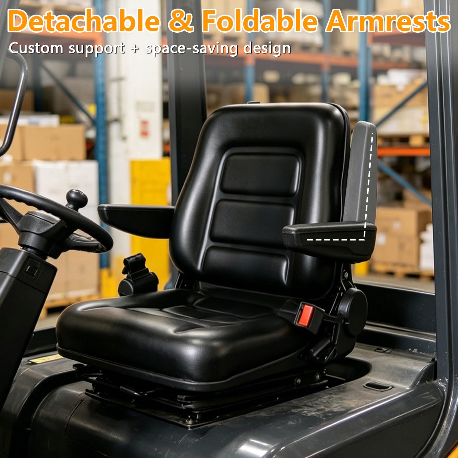 Asiento universal para montacargas, asiento de tractor con respaldo ajustable de 35°–180°, guía deslizante, apoyabrazos plegables y desmontables, cinturón de seguridad retráctil para montacargas