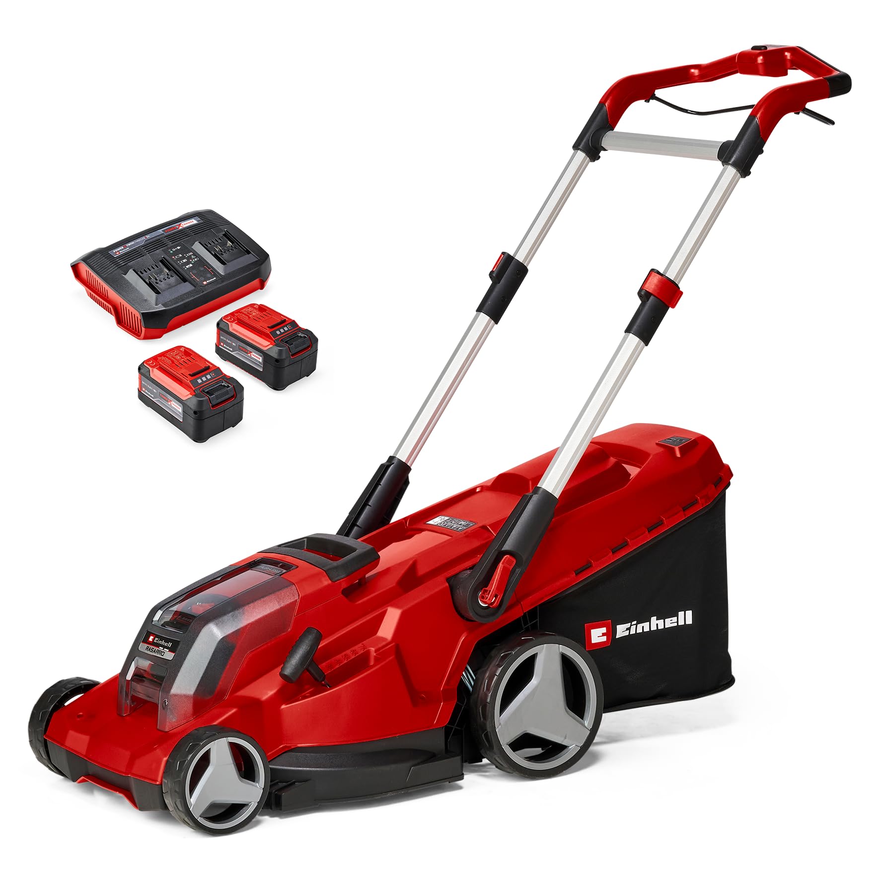Einhell Kit de cortacésped con batería RASARRO 36/42 Power X-Change (36V, 42cm Anchura Corte, hasta 725m2, sin escobillas, Cesta colectora 50l, función de mantillo, Incl. 2 5,2 Ah, 1 Cargador Gemelo)