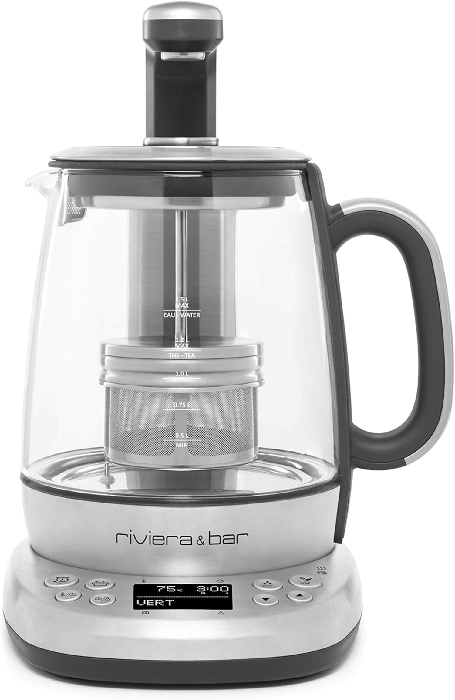 riviera&bar Théière Bouilloire CHA DAO EXPERT à Température Réglable - Verre Trempé et Inox, Mode Silencieux, Infusion Thé Optimale, Écran LCD, Programmes Personnalisables - 1,​5L - Inox