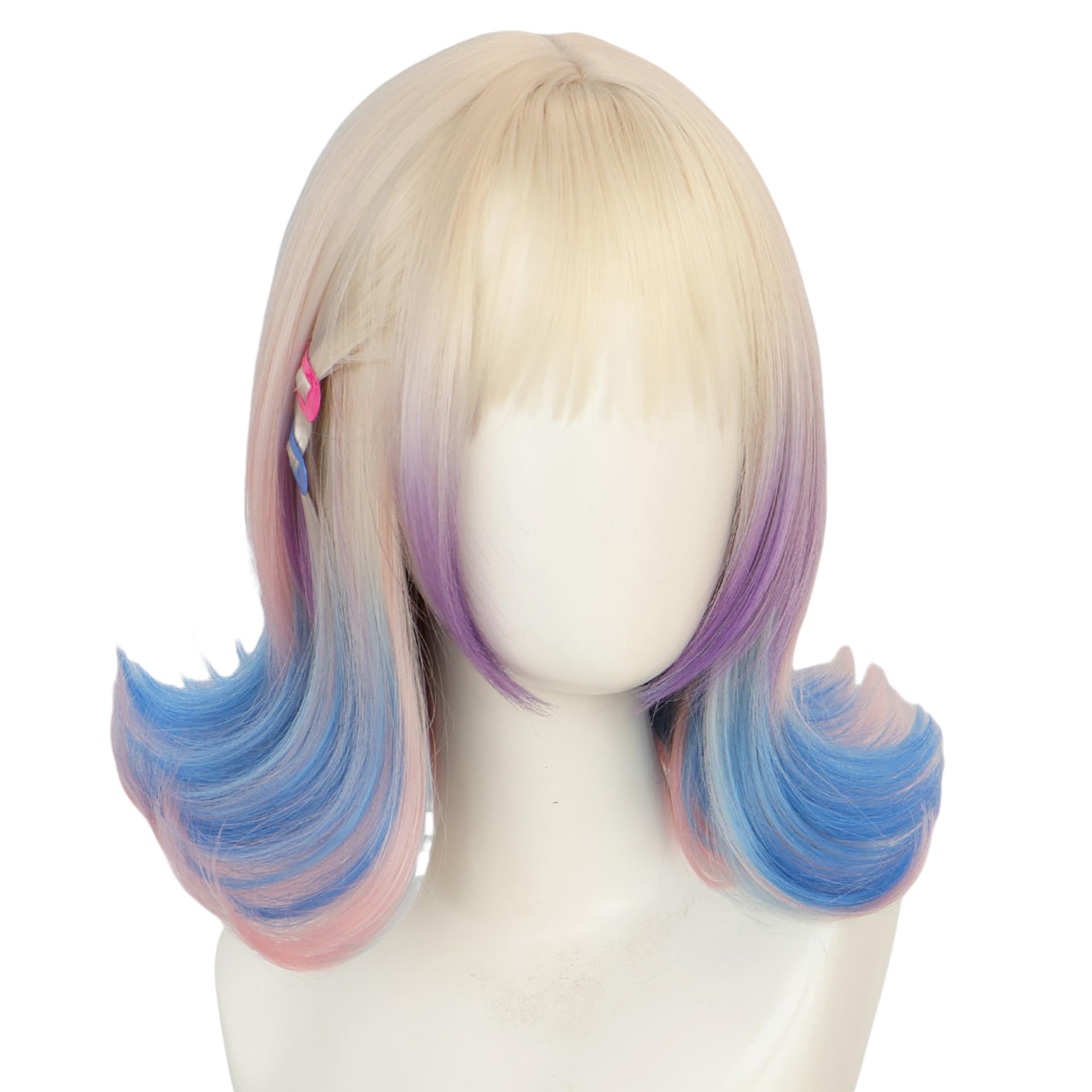 Topcosplay Short Blonde Pink Blue Curly Wig Halloween Carnival Costume Wig (Blonde mixed Pink Blue-Straight hair)