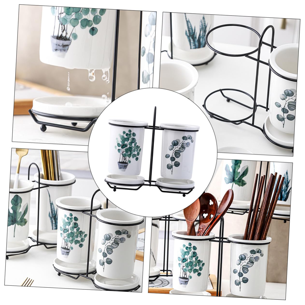 Support de Rangement pour Baguettes Égouttoir Facile à Nettoyer en Céramique et Fer Blanc Design Simple et Élégant Cuisine Maison