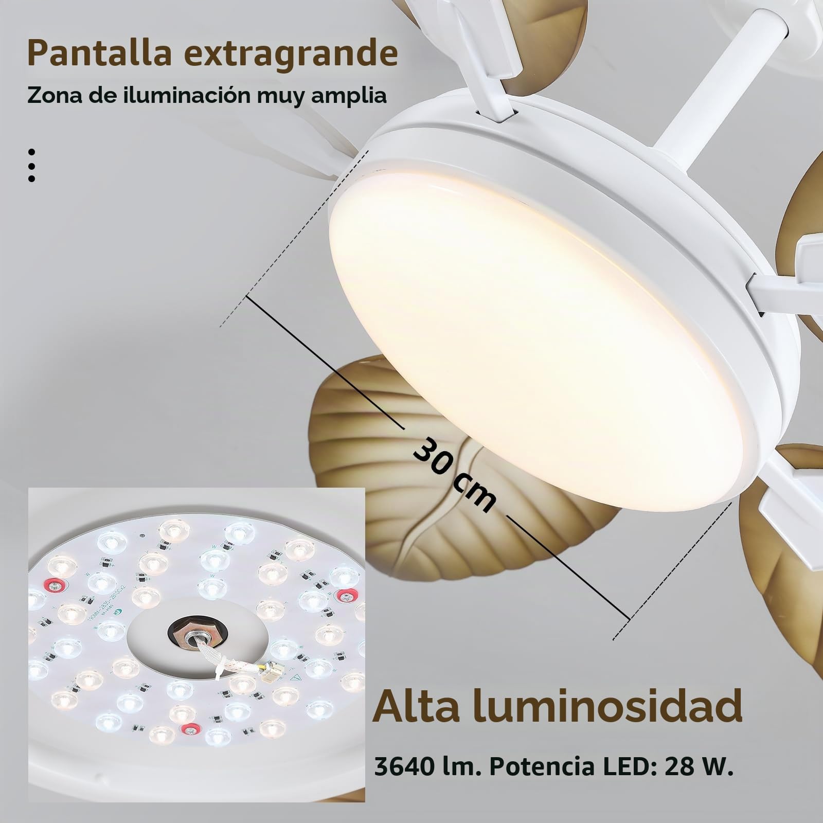 Kviflon 132 cm Moderno Ventilador de Techo con Luz, Diseño de Hoja de Palmera en Tono de Madera Clara, Control por Mando a Distancia o Aplicación, Reversibles, Zonas Exteriores Cubiertas.