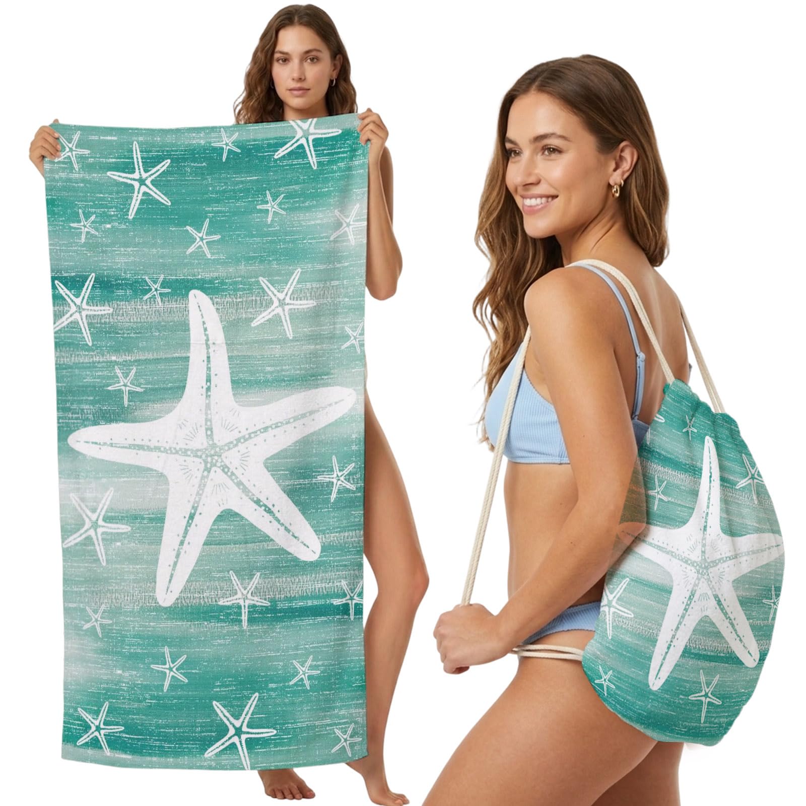Beach Towel Bag 2 in 1 Coastal Ocean Starfish Bath Pool Towels Backpack Nautical Teal Graffiti Absorbent Beach Towel Soft Quick Dry Lightweight Packable Towels Drawstring Bag for Travel Sports Yoga