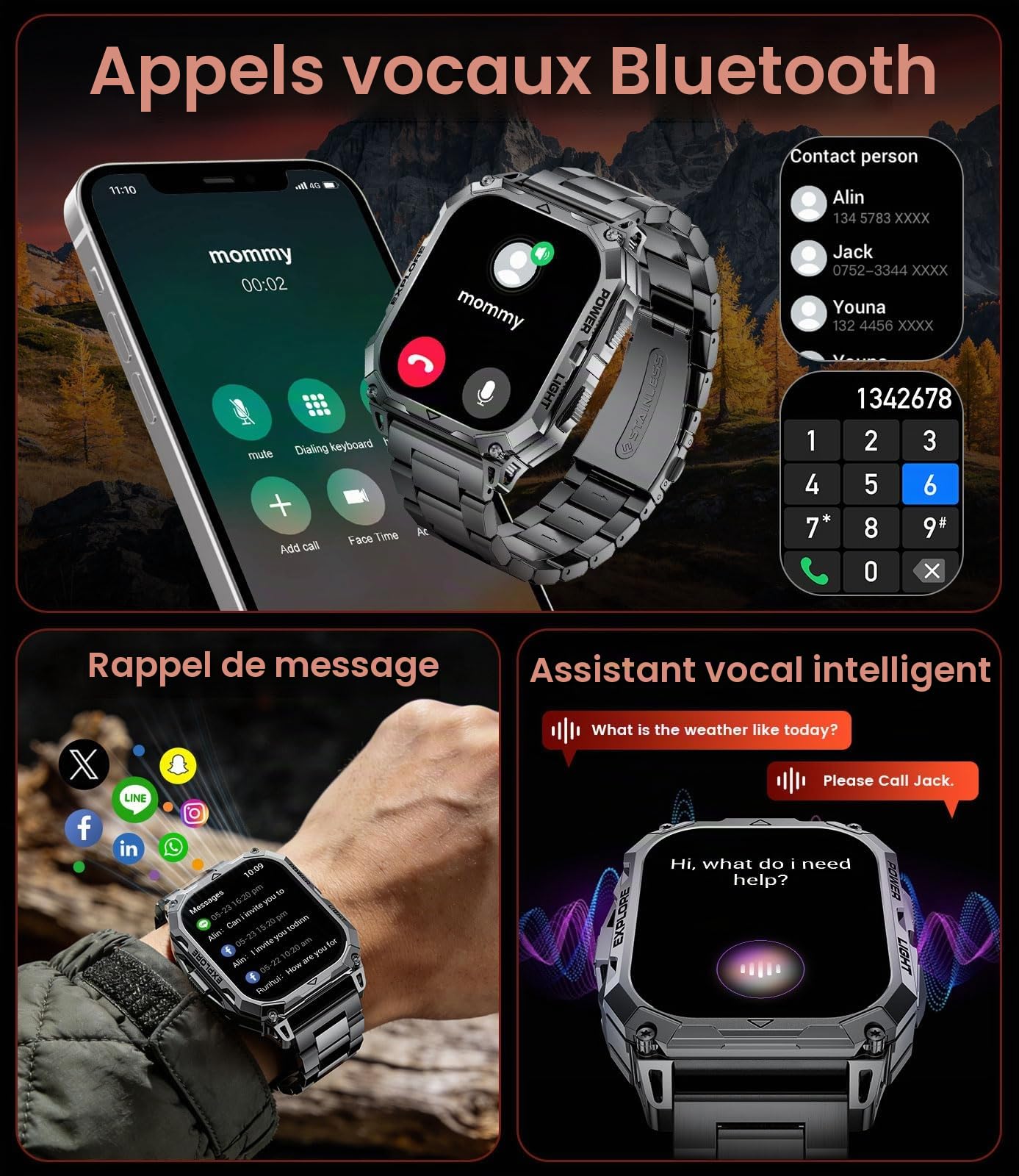 Montre Connectée Homme Militaire, 2.01" HD Grand Écran Smartwatch avec Appel/Torche LED/Batterie 900mAh/Fitness Tracker/100+ Modes Sportifs, 2 Câbles, IP68 Étanche pour Android iOS, Noir-orange