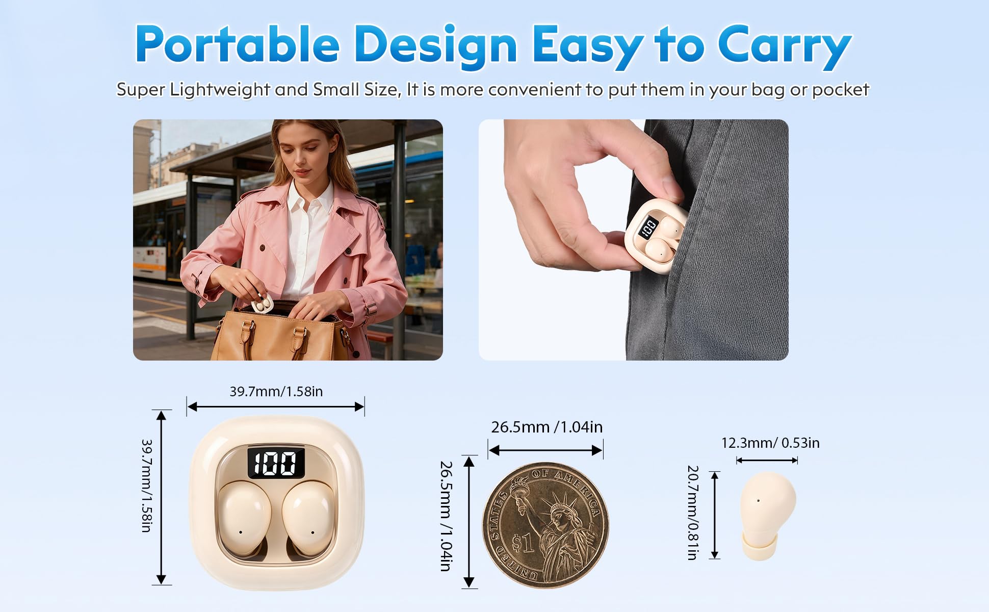 Auriculares inalámbricos invisibles para dormir, cómodos auriculares compactos para dormir de lado, auriculares con pantalla LED para dormir, trabajar y deportes (beige)