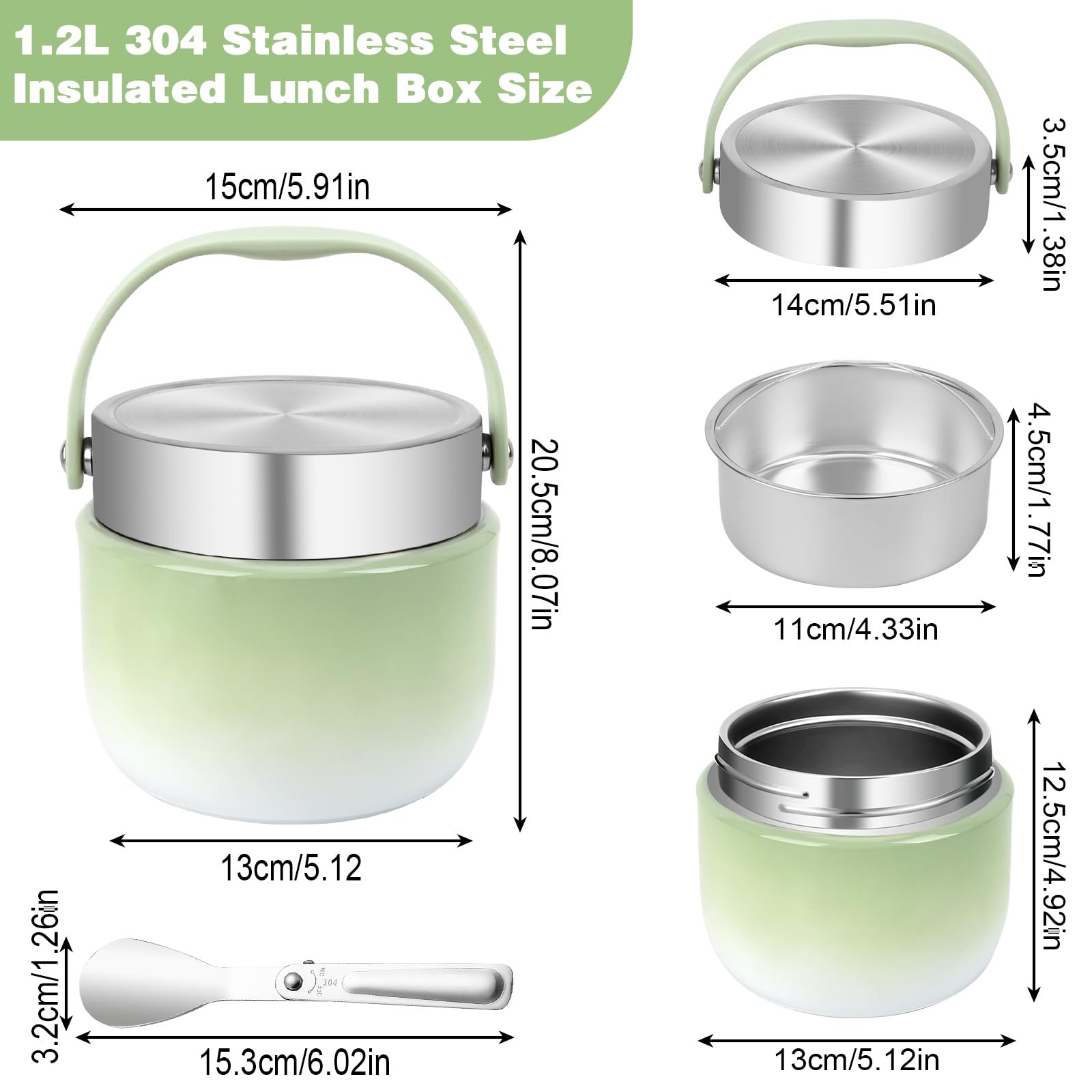 Contenitore termico per alimenti 1200 ml, scaldavivande in acciaio inossidabile 304, contenitore termico per alimenti, thermos resistente agli schizzi con coperchio, cucchiaio e sacchetto