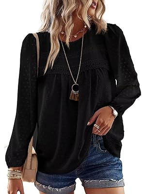 Womens Fall Tops Crewneck Long Sleeve Shirts Casual Chiffon Blouses Flowy Lace Hem Boho Clothing Trendy 2025