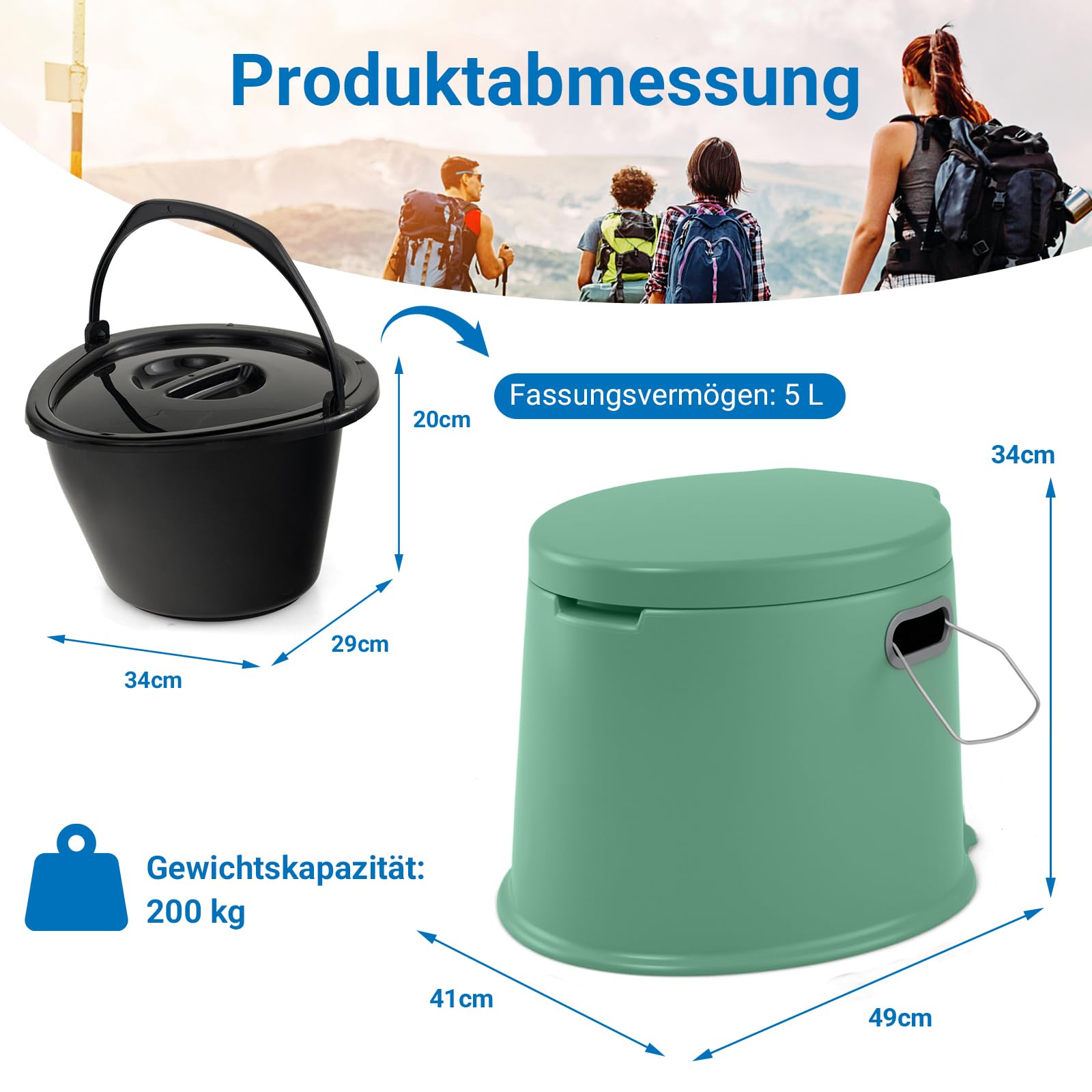 COSTWAY Przenośna toaleta kempingowa, obciążenie do 200 kg, mobilna toaleta ze zdejmowanym wkładem wiadra, uchwyt na papier toaletowy, na kemping, wędrówki, podróże (zielona)